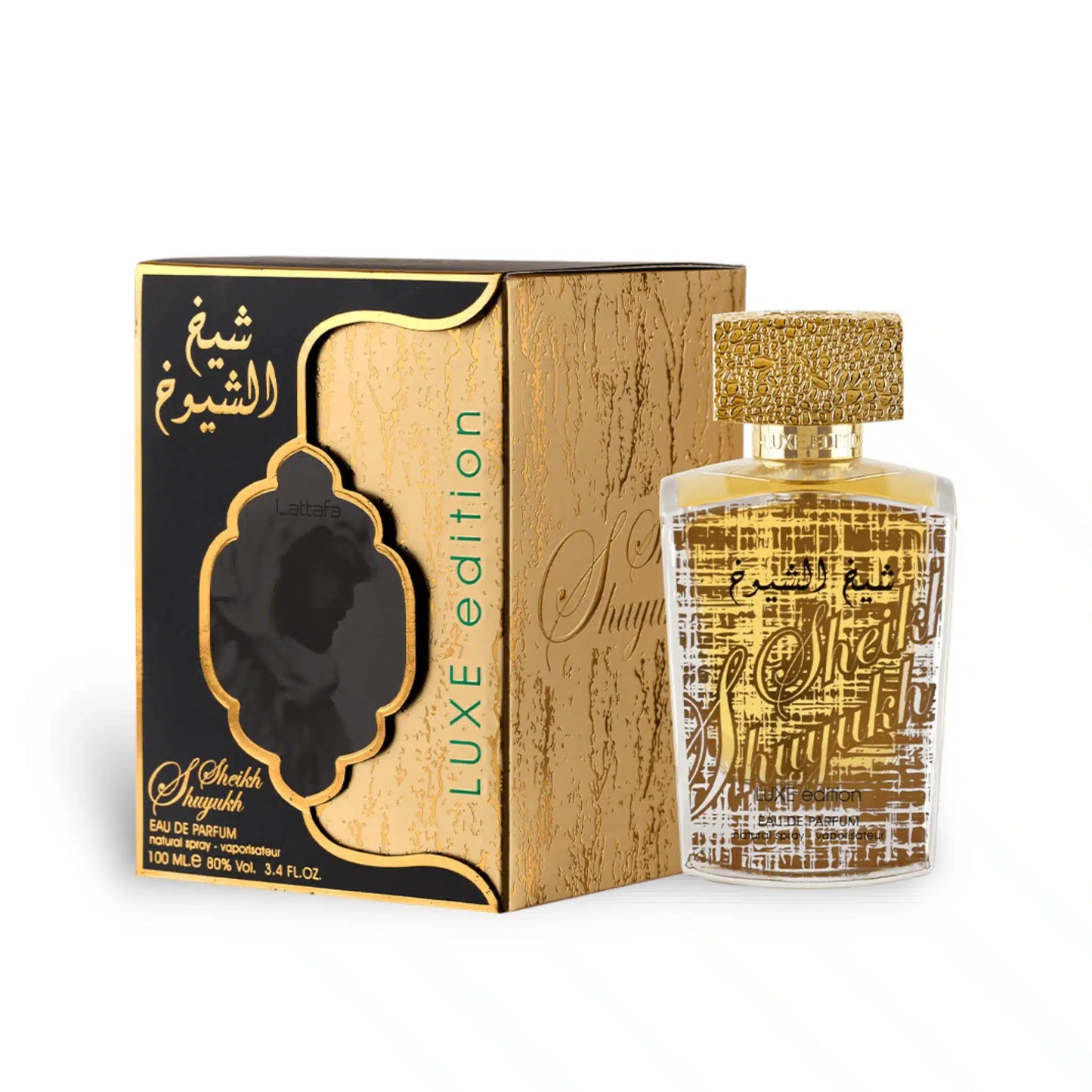 Sheikh Al Shuyukh Luxe Edition 100ml Eau de Parfum by Lattafa bottle and box