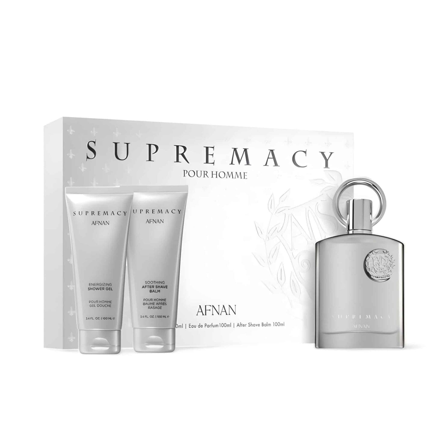 Supremacy Silver 100ml Gift Set by Afnan bottle and box