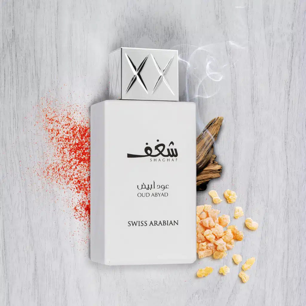 Shaghaf Oud Abyad 75ml Eau de Parfum by Swiss Arabian perfume bottle close up