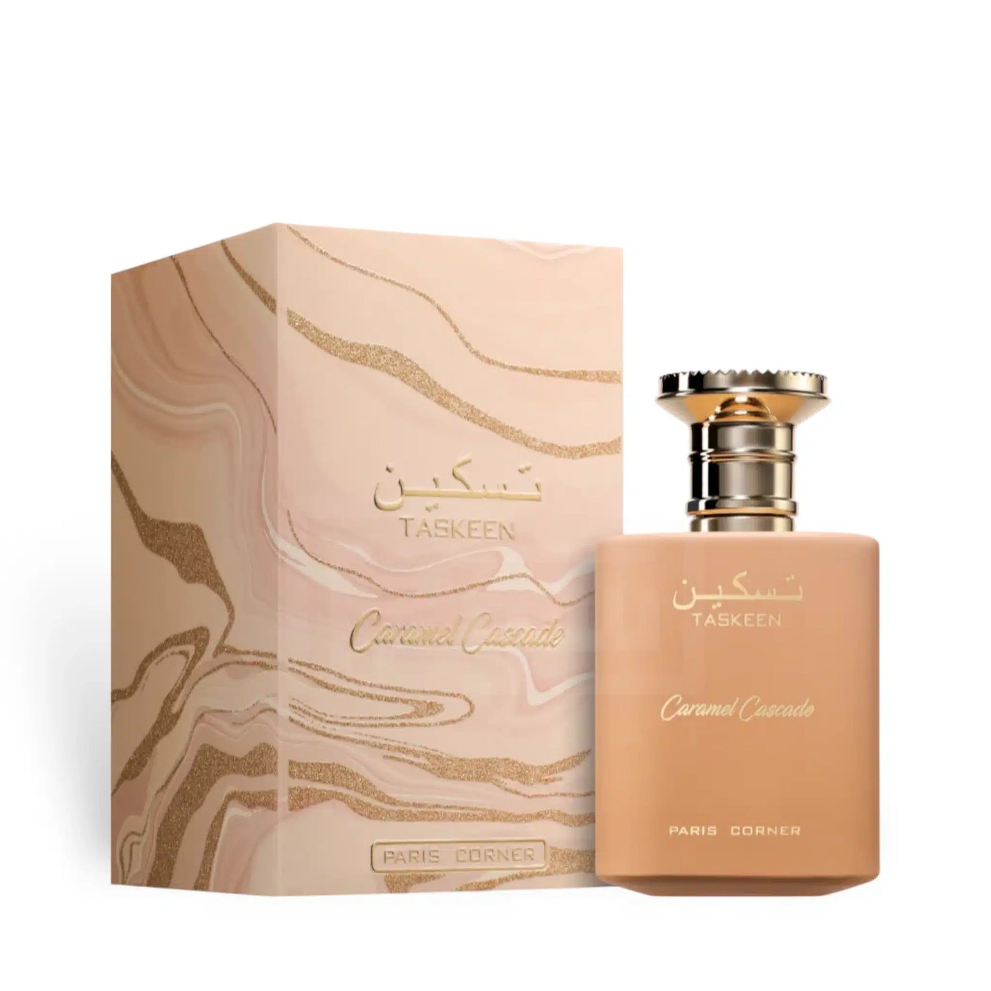 Taskeen Caramel Cascade 100ml Eau de Parfum by Paris Corner bottle and box