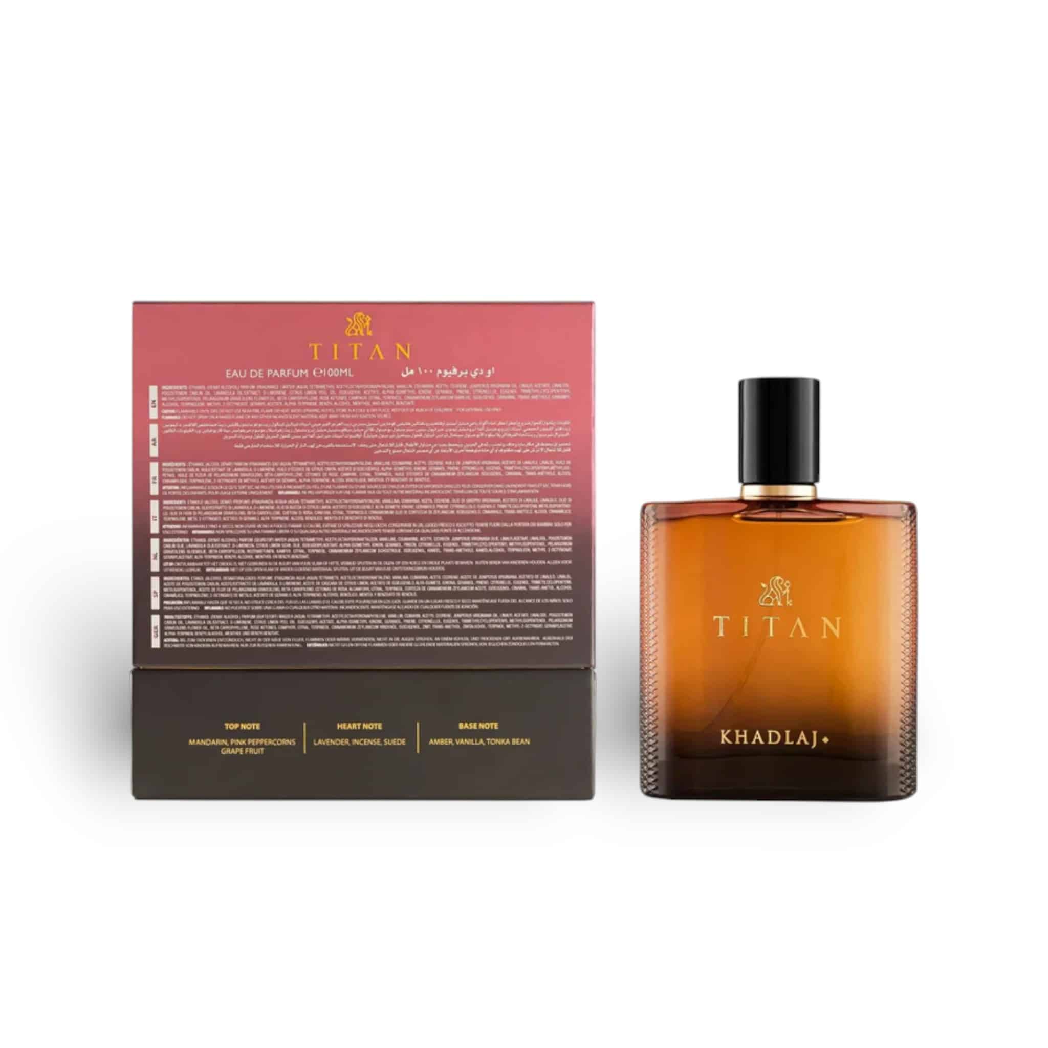 Titan 100ml Eau de Parfum by Khadlaj perfume bottle close up