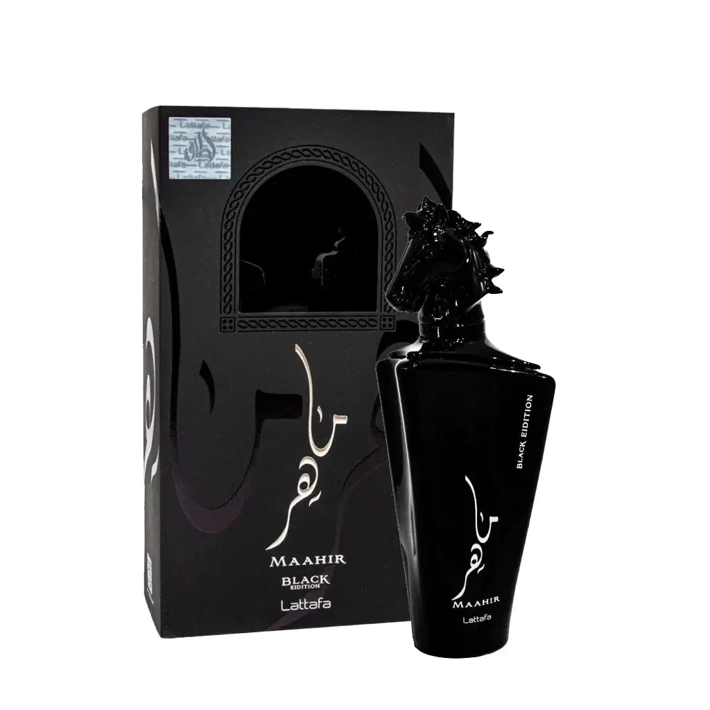 Maahir Black Edition 100ml Eau de Parfum by Lattafa bottle and box
