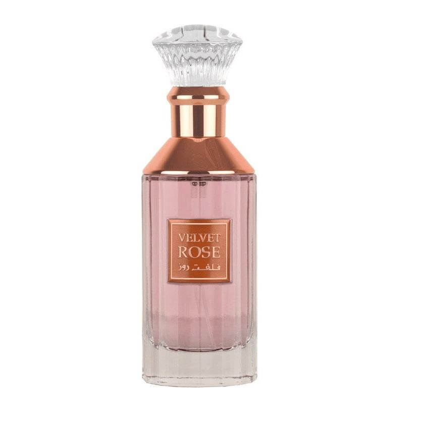 Velvet Rose 100ml Eau de Parfum by Lattafa perfume bottle close up