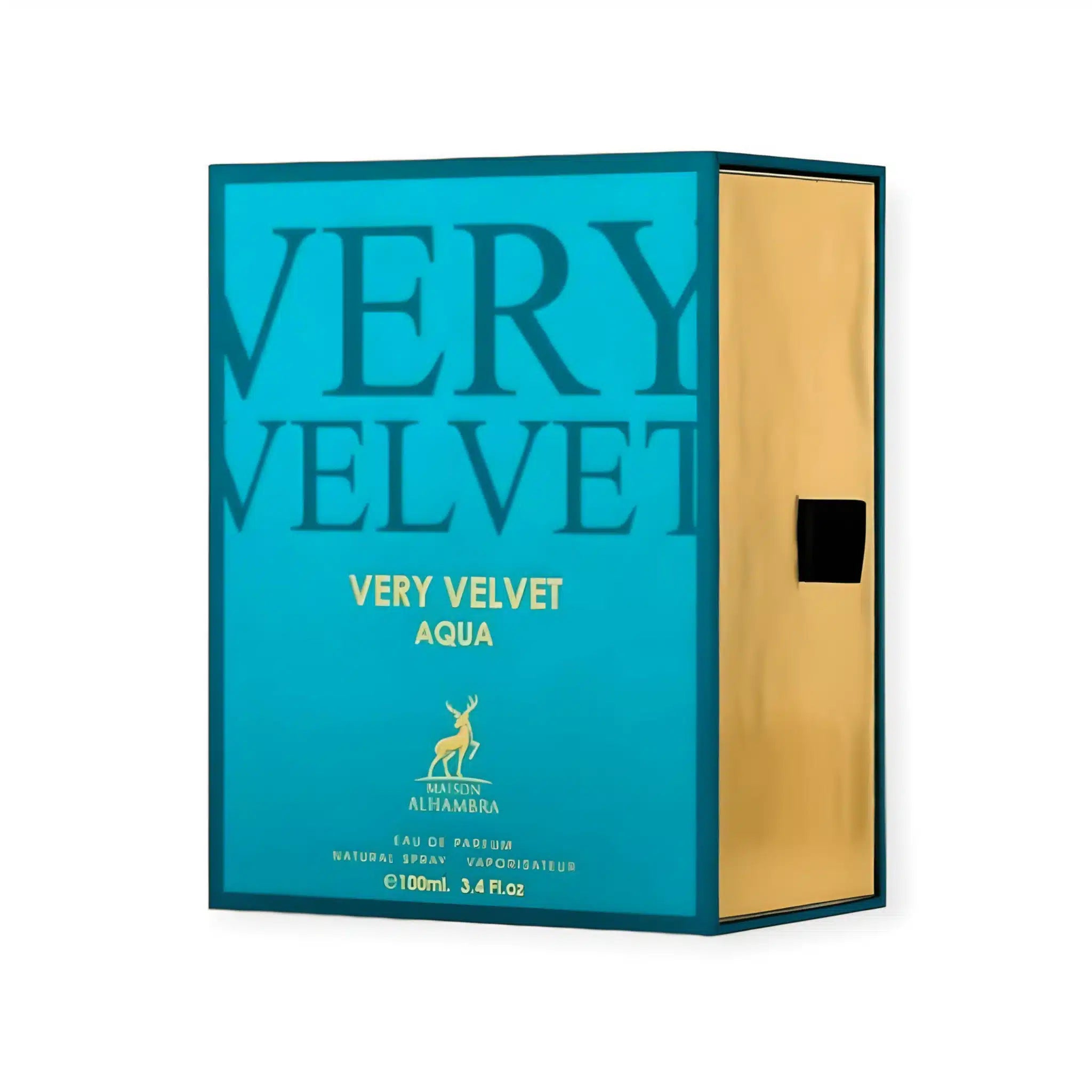 Very Velvet Aqua 100ml Eau de Parfum by Maison Alhambra bottle and box