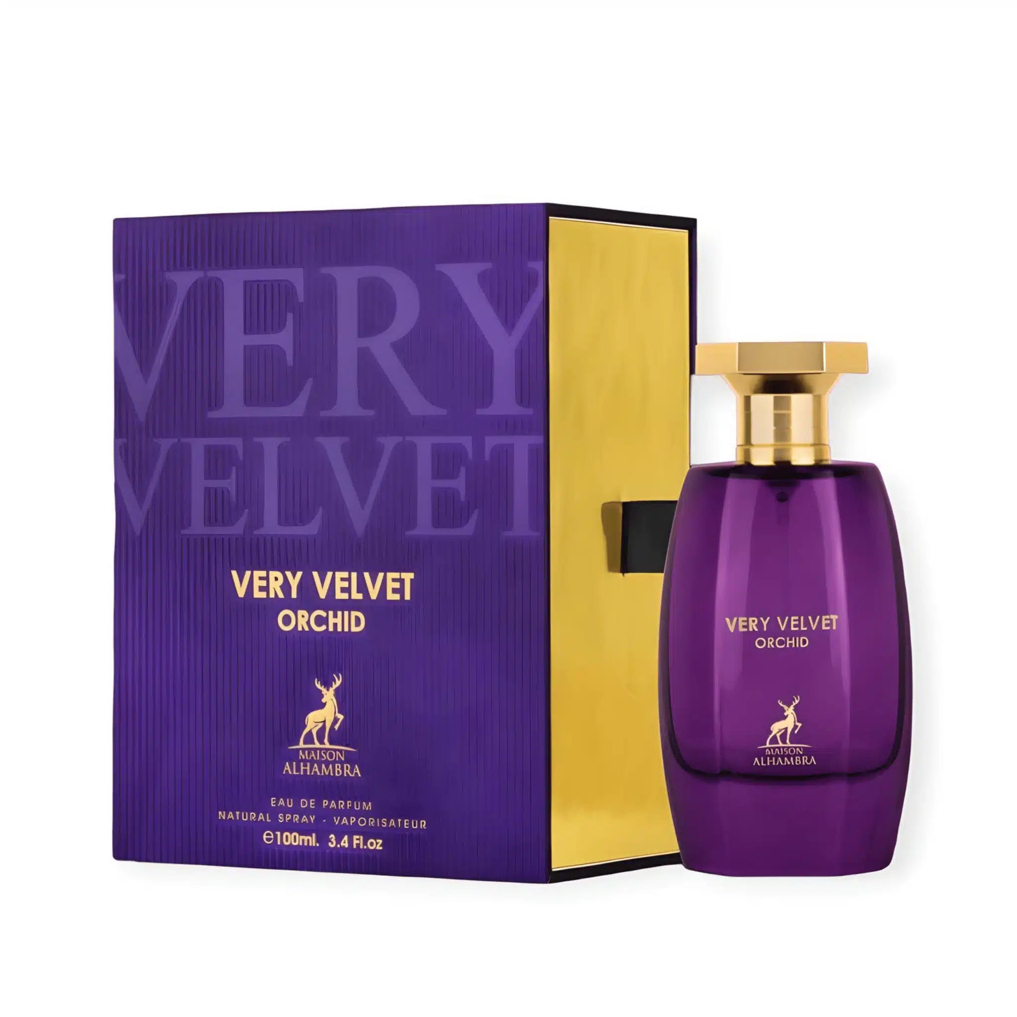 Very Velvet Orchid 100ml Eau de Parfum by Maison Alhambra bottle and box