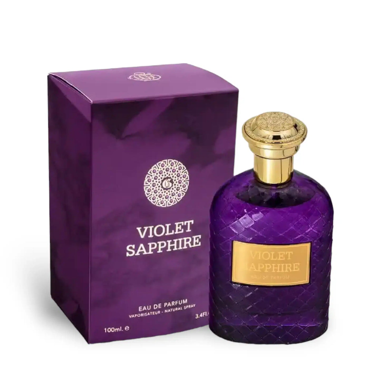 Violet Sapphire 100ml Eau de Parfum by Fragrance World bottle and box