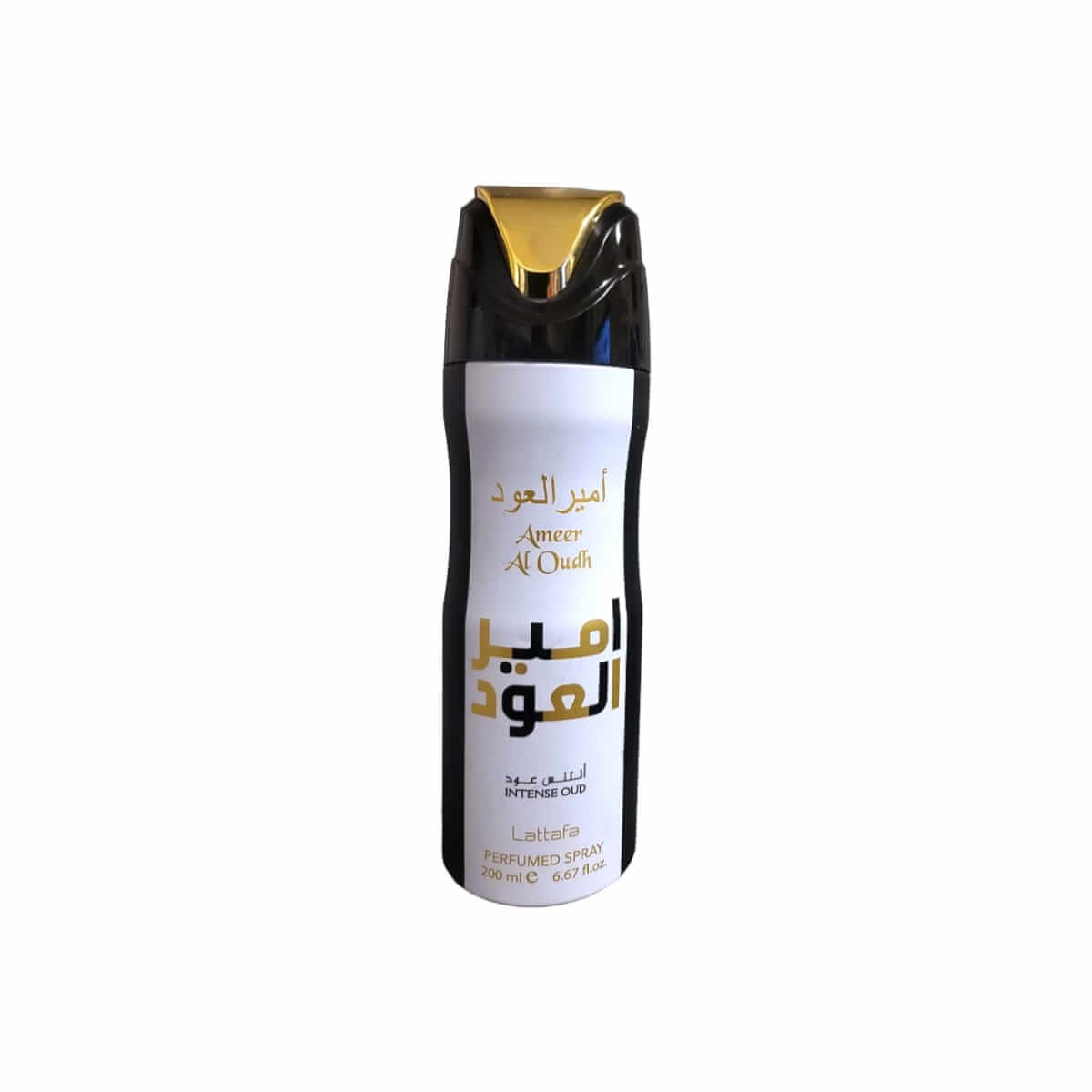Ameer Al Oudh Intense Oud Perfumed 200ml Body Spray by Lattafa body spray can and packaging