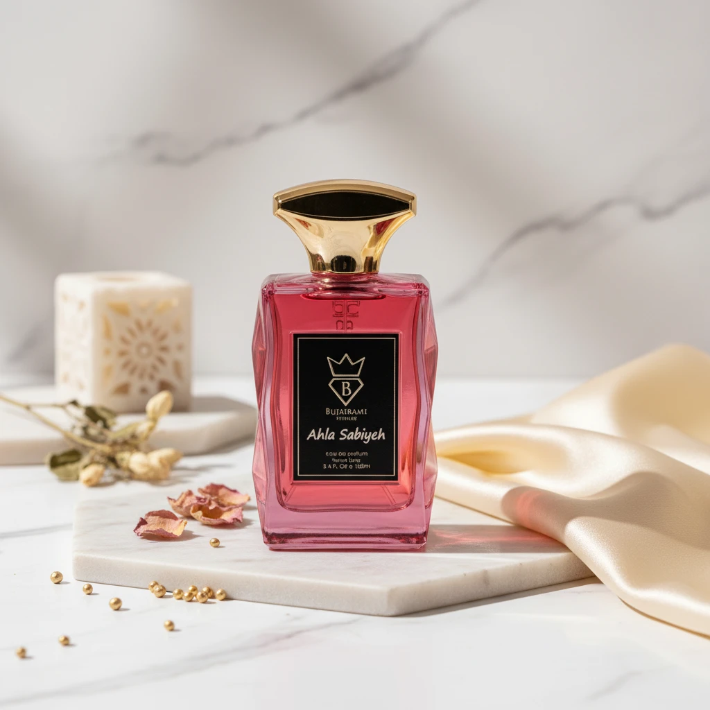 Angled bottle shot of Ahla Sabiyeh Eau de Parfum by Bujairami