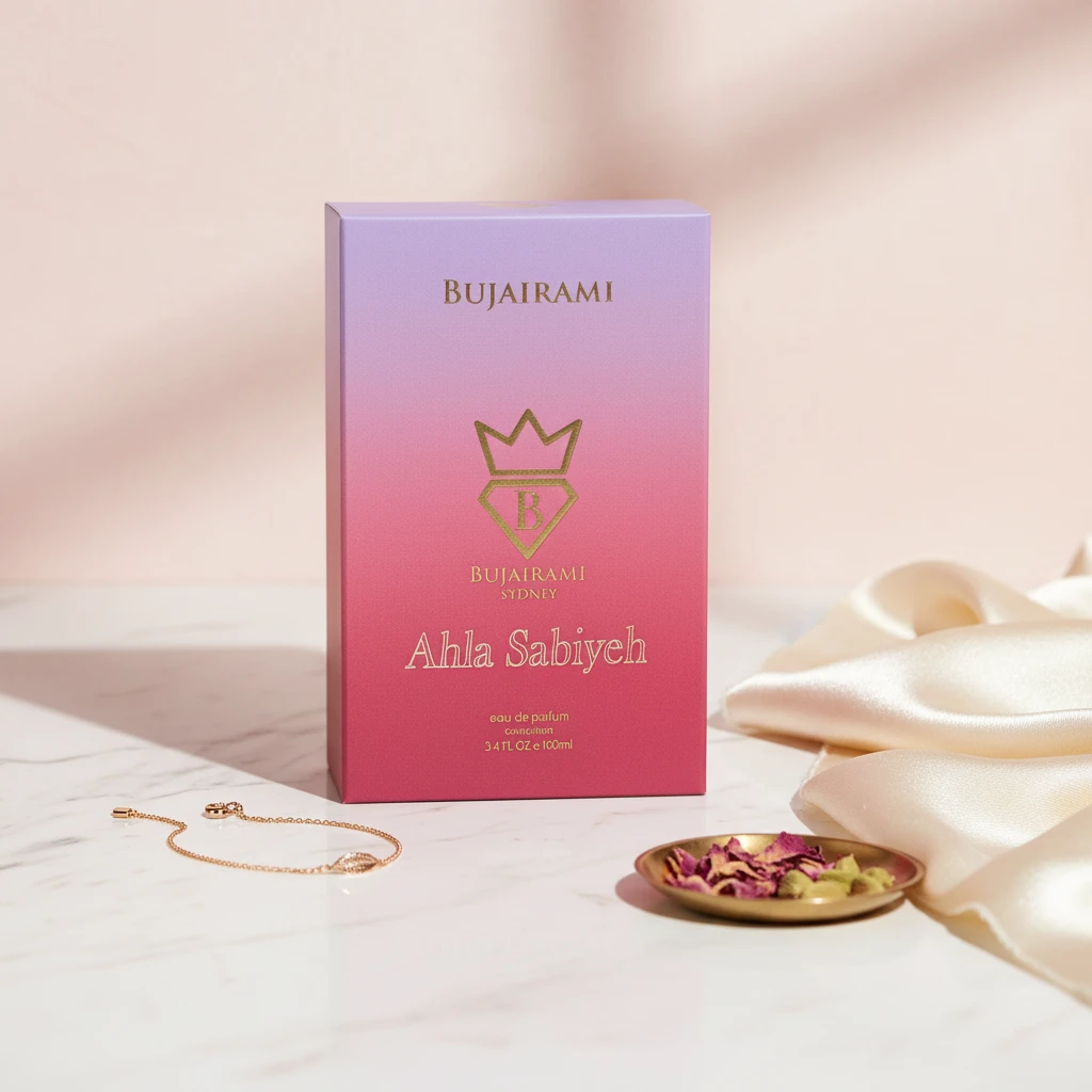 Side view of Ahla Sabiyeh Eau de Parfum bottle by Bujairami