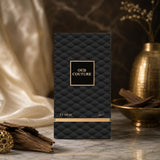 Ahmed Al Maghribi Oud Couture Extrait de Parfum 100ml, black textured bottle with gold accents, woody and sweet gourmand fragrance.