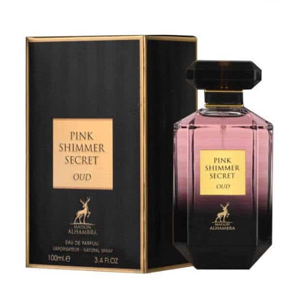 Pink Shimmer Secret Oud 100ml Eau de Parfum by Maison Alhambra bottle and box