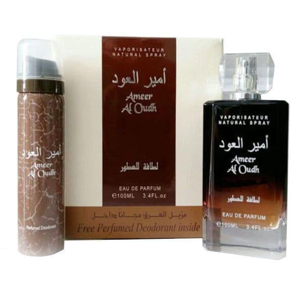 Ameer Al Oudh with 100ml Body Spray by Lattafa body spray can and packaging