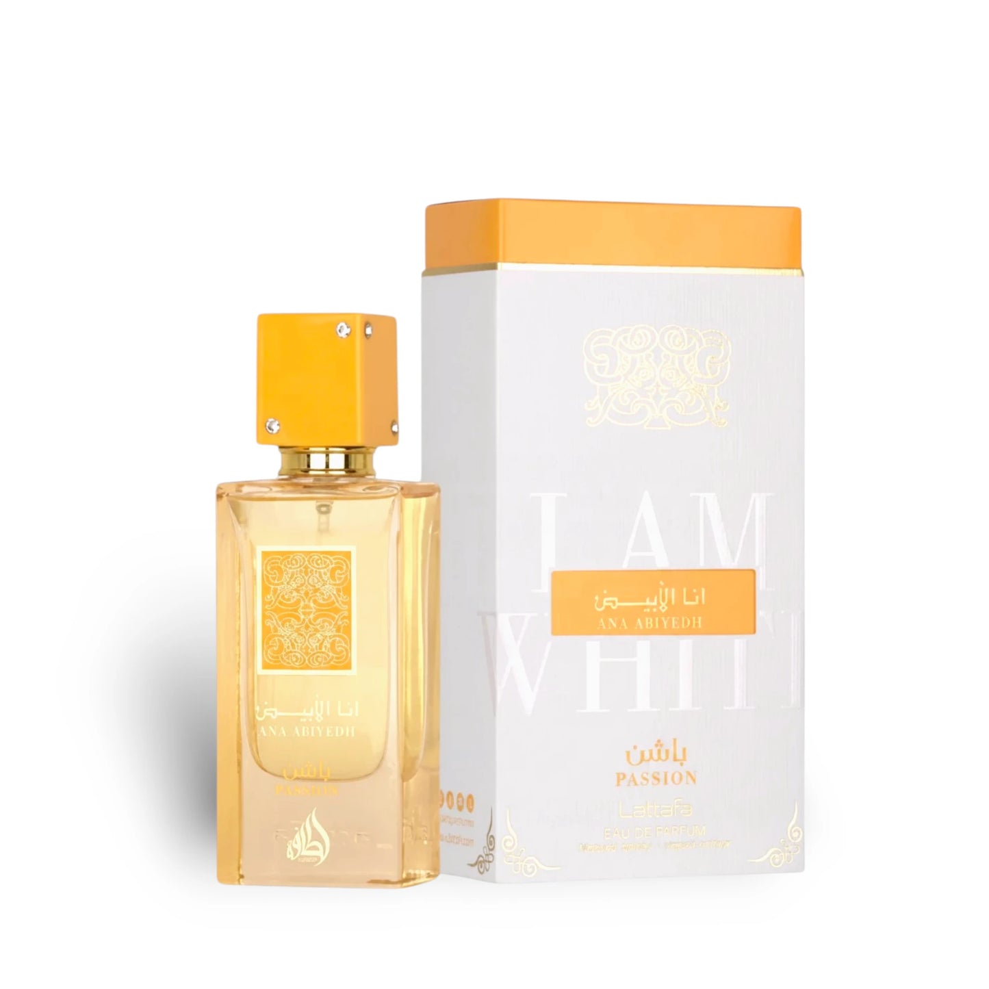 Ana Abiyedh Passion I Am White by Lattafa bottle with outer box packaging