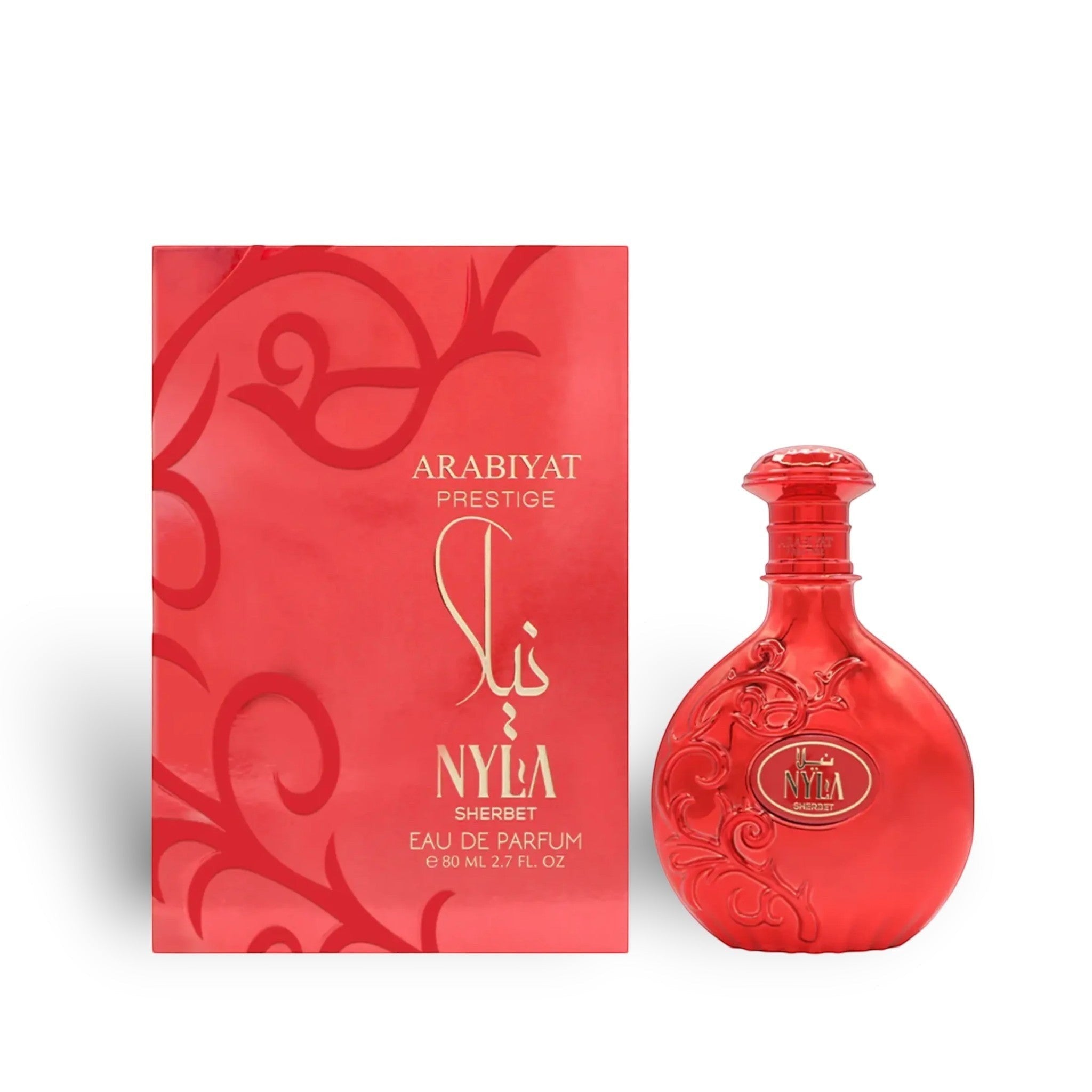 Arabiyat Prestige Nyla Sherbet Eau de Parfum 80ml bottle and box, red with gold Arabic script and floral details.