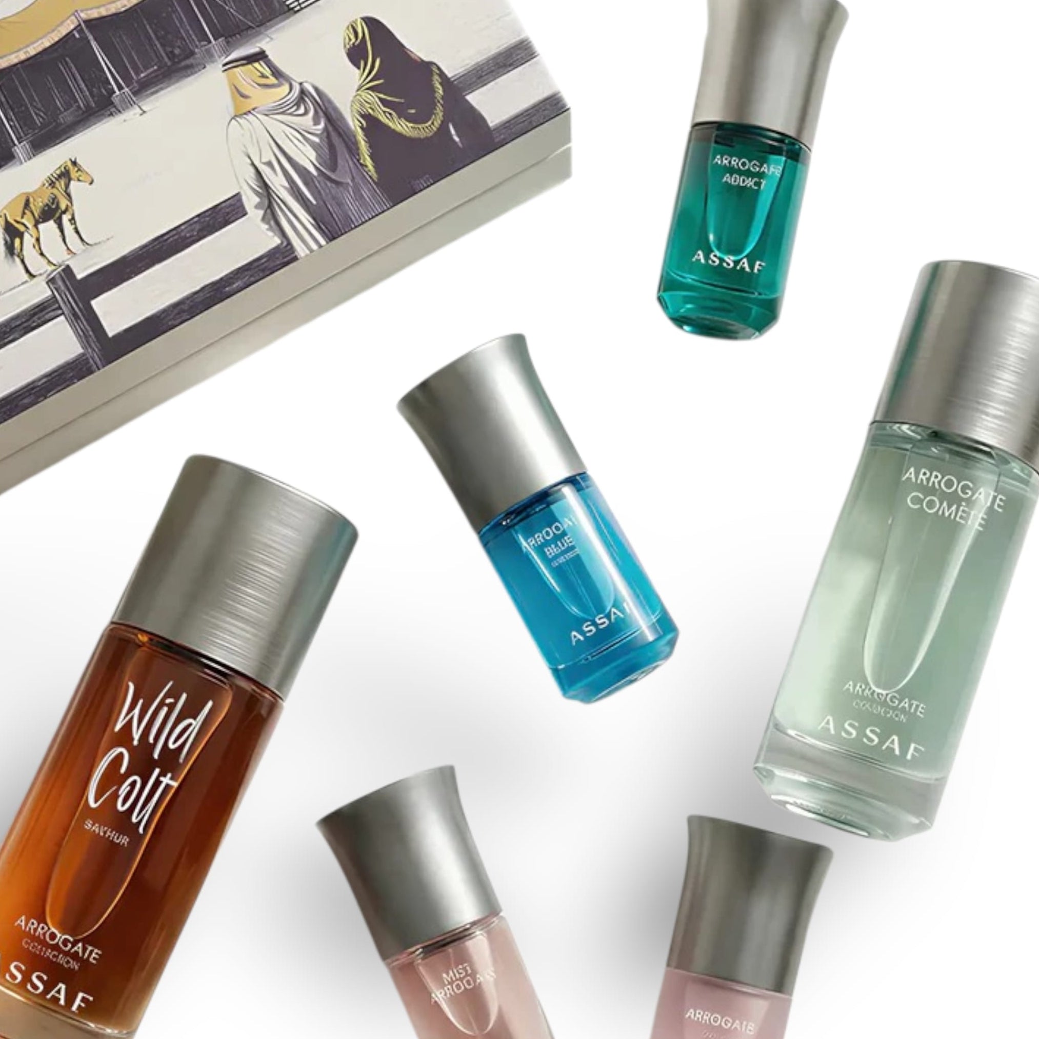 Angled view of the Bakhur Collection perfume gift set by Assaf.