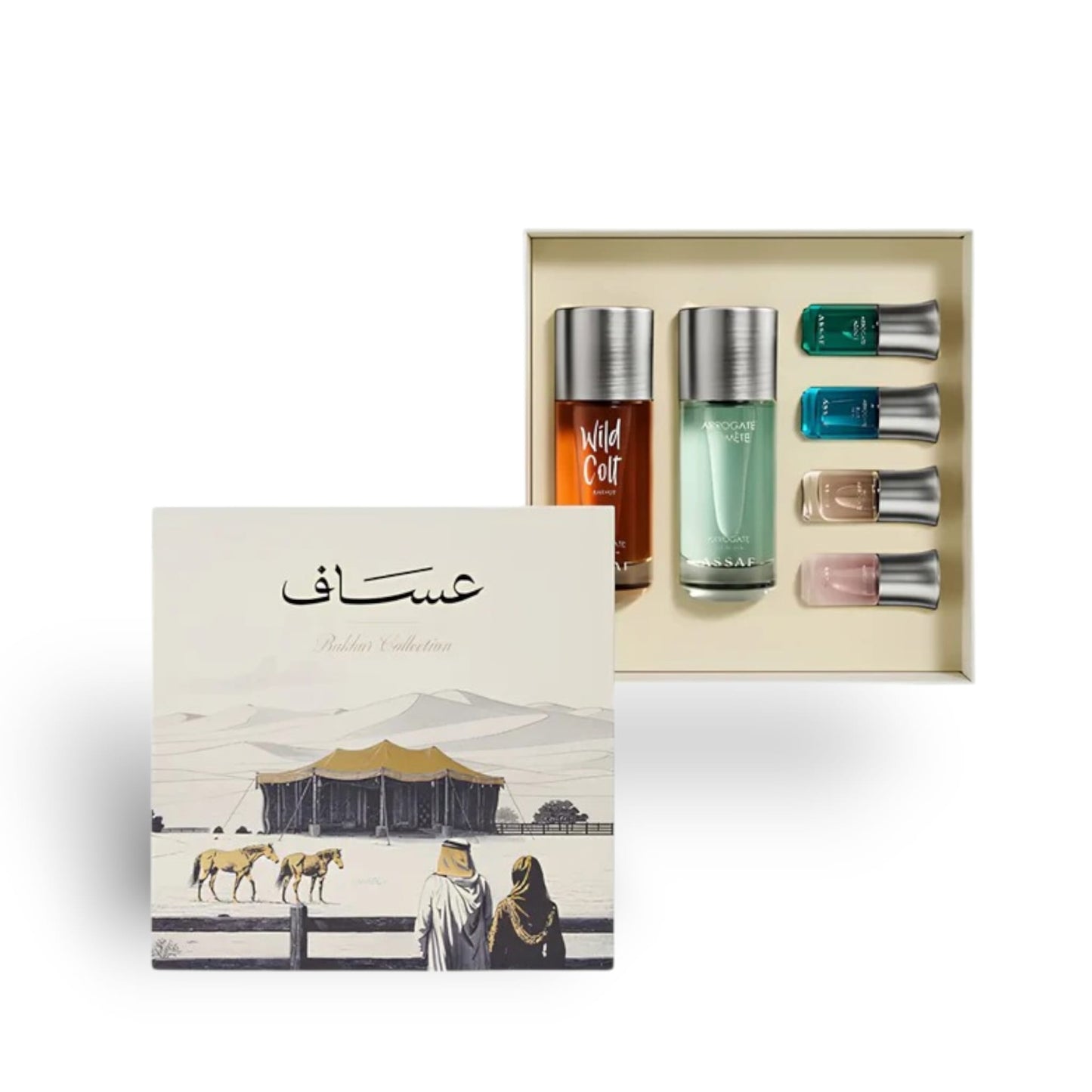 Assaf Bakhur Collection Gift Set front view display with full-size fragrances and mini perfumes