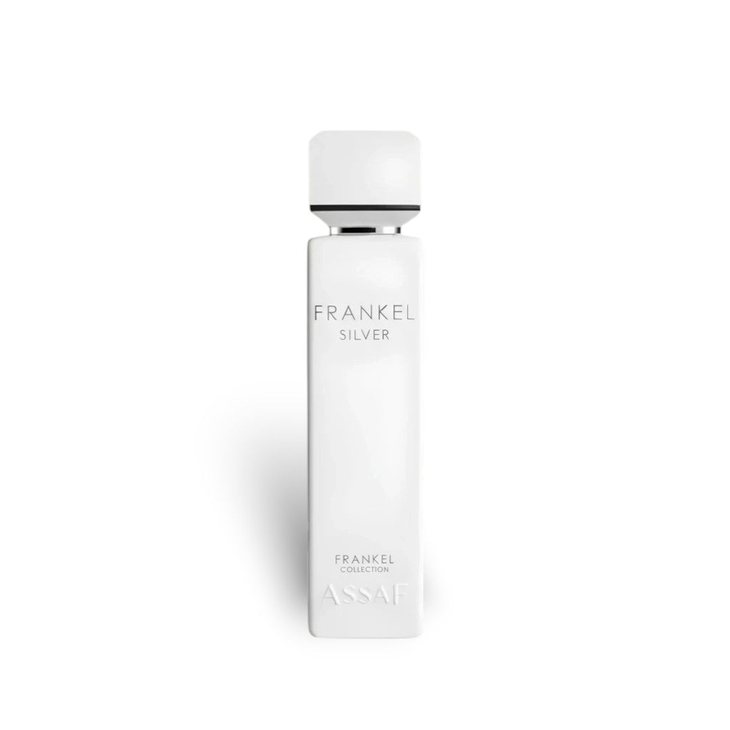 Assaf Frankel Silver 200ml Eau de Parfum bottle with white cap, featuring citrus woody notes of orange, lemon, green tea, sandalwood and musk.