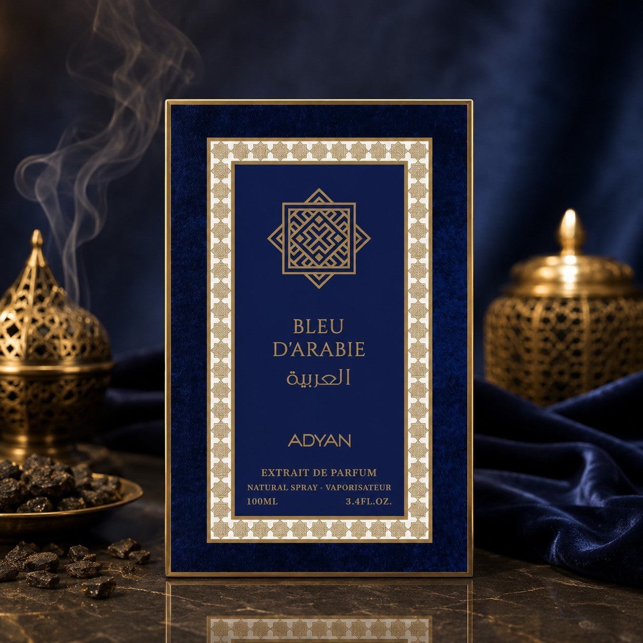 Bleu D'Arabie by Adyan 100ml Extrait de Parfum in a deep blue box with gold geometric Arabian patterns.