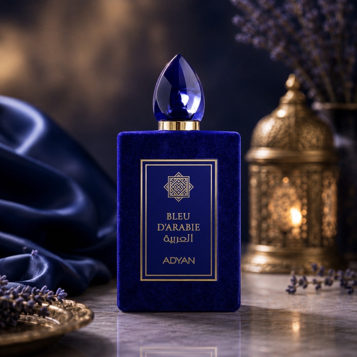 Bleu D'Arabie by Adyan 100ml Extrait de Parfum in a blue velvet bottle with a matching blue crystal cap.