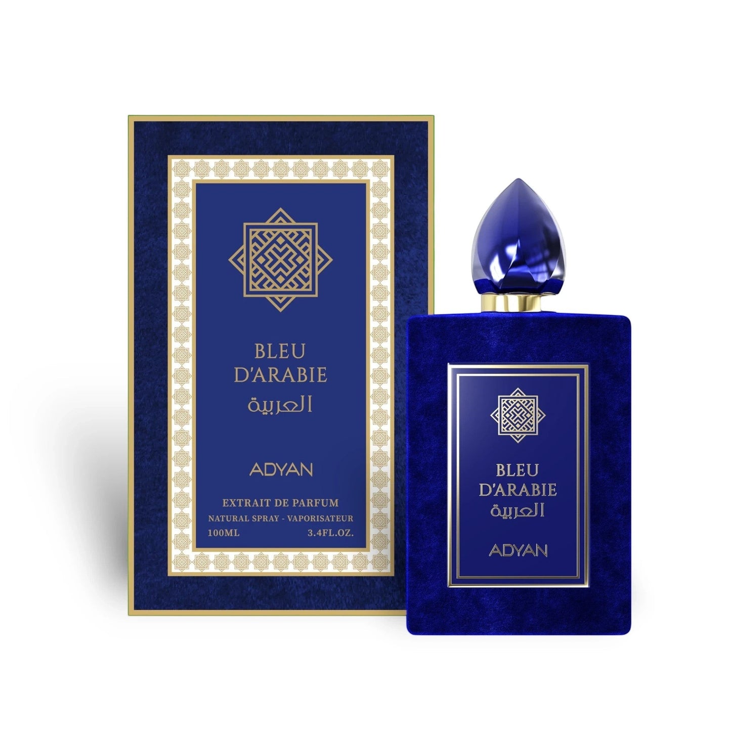 Bleu D'Arabie by Adyan 100ml Extrait de Parfum in a deep blue velvet bottle with a matching ornate gift box.