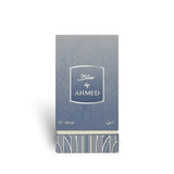 Close-up packaging box detail of Blue Extrait de Parfum by Ahmed Al Maghribi