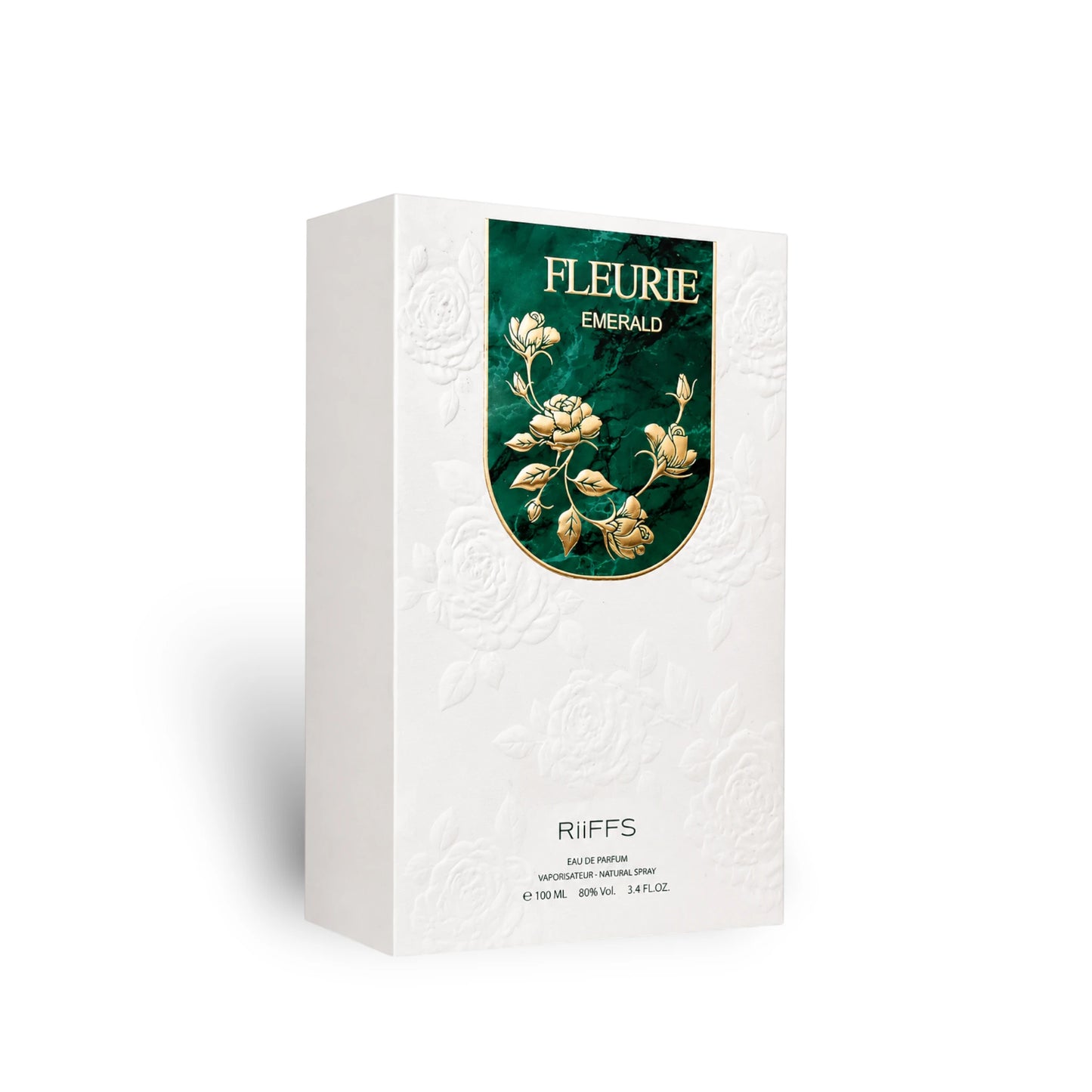Close-up of Fleurie Emerald Eau de Parfum packaging