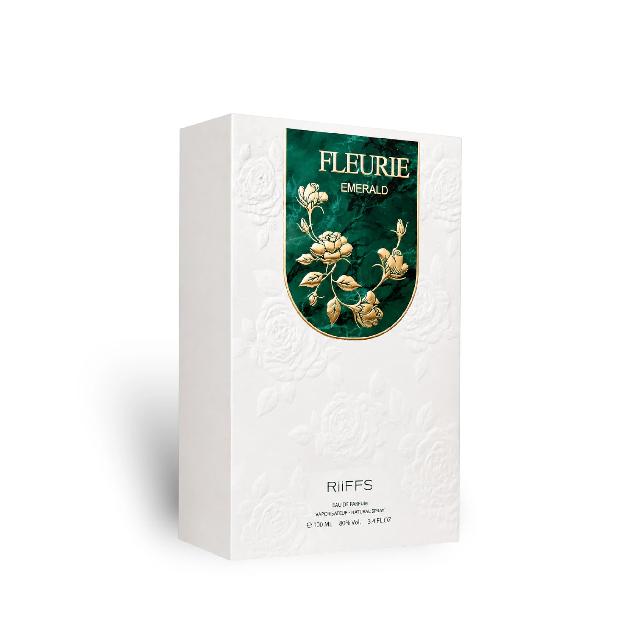 Close-up of Fleurie Emerald Eau de Parfum packaging