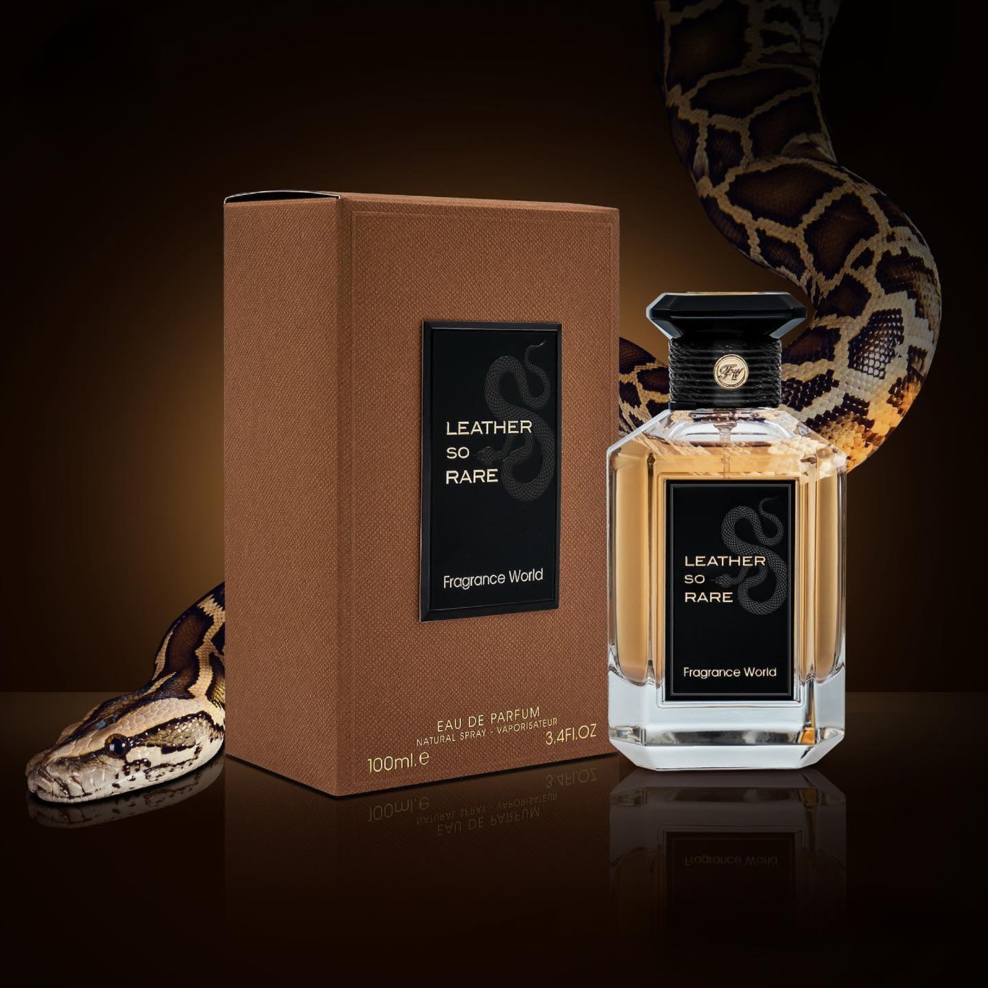 Leather So Rare 100ml Eau de Parfum by Fragrance World perfume bottle close up