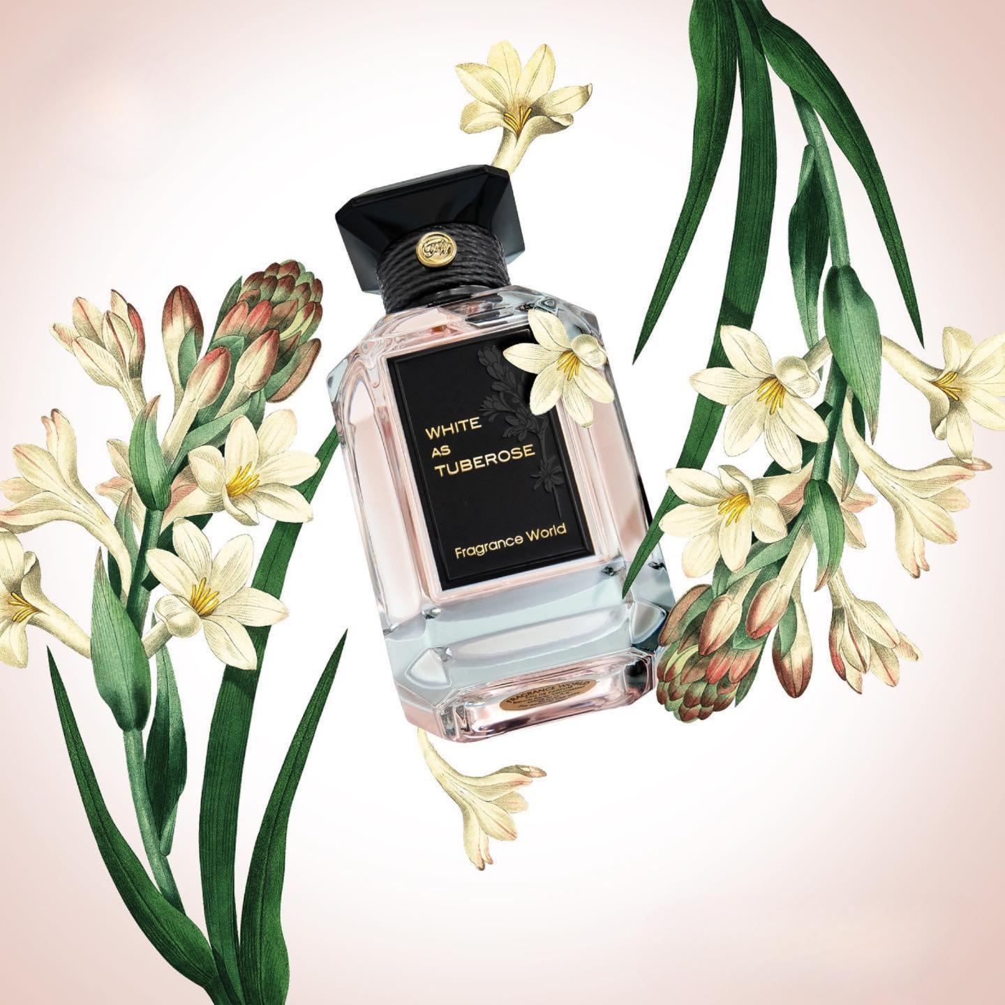 White As Tuberose 100ml Eau de Parfum by Fragrance World perfume bottle close up