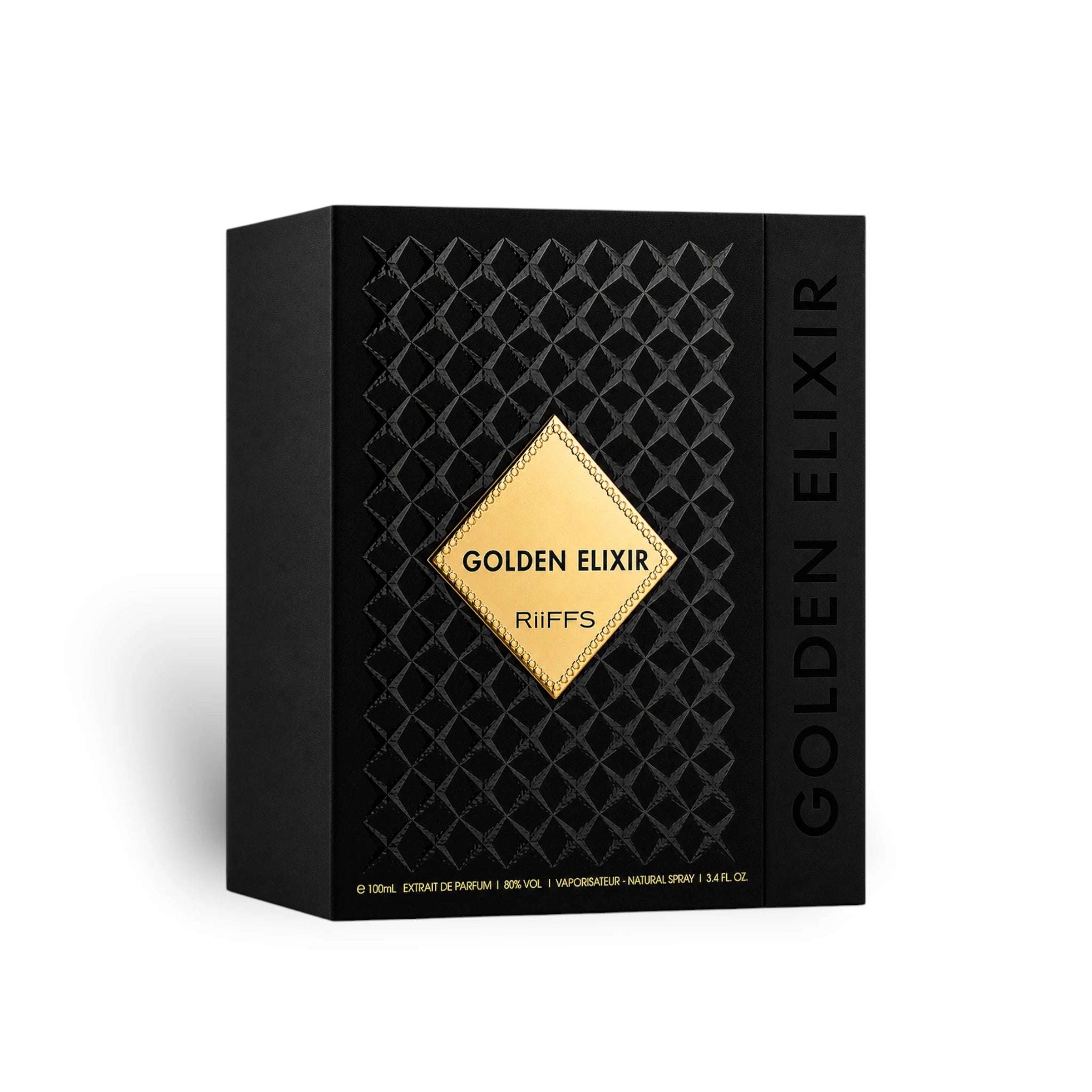 Close-up of Golden Elixir Extrait de Parfum bottle detailing