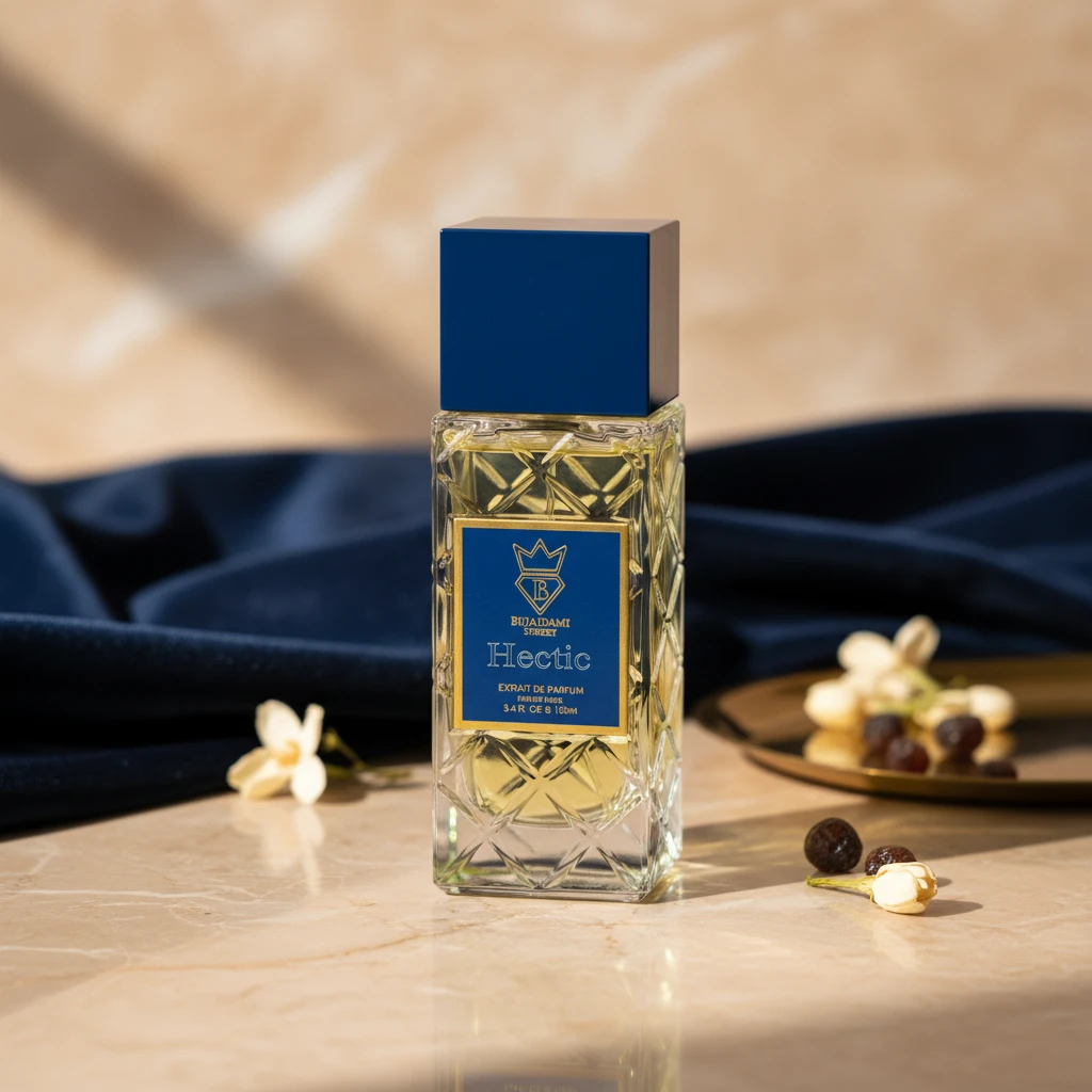 Side profile of Hectic 100ml fragrance bottle by Bujairami