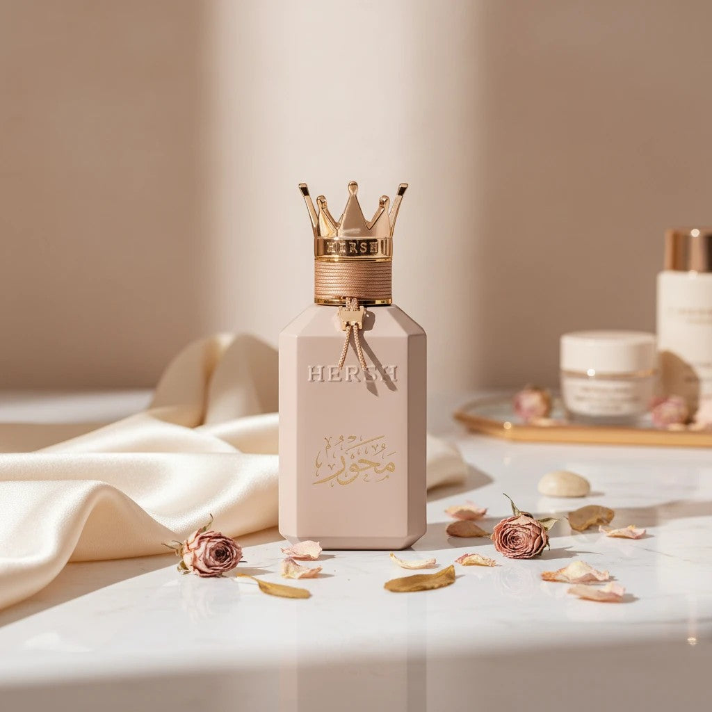 Side profile of Hersh Mehwar Eau de Parfum bottle by Al Ezz Oud