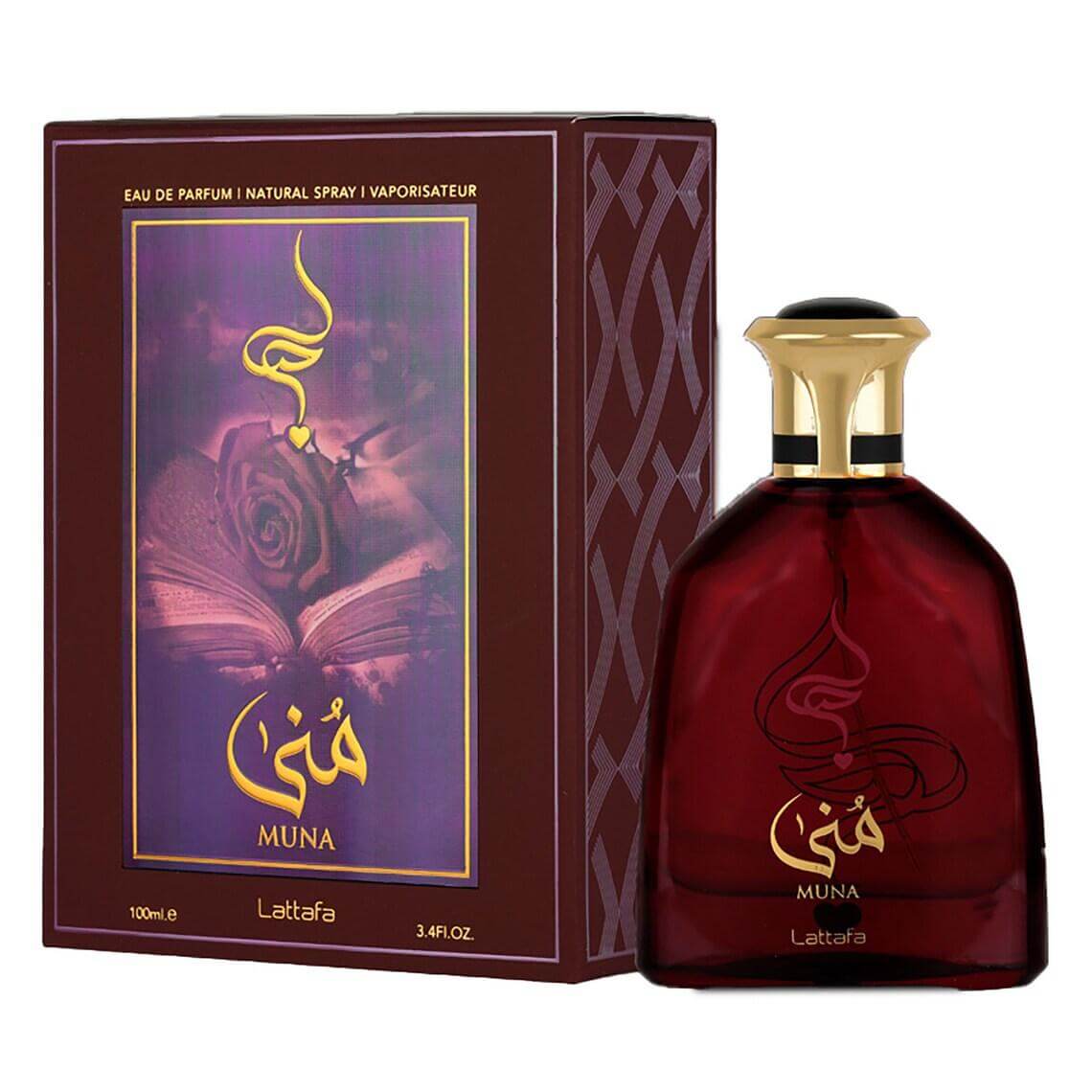 Muna 100ml Eau de Parfum by Lattafa bottle and box