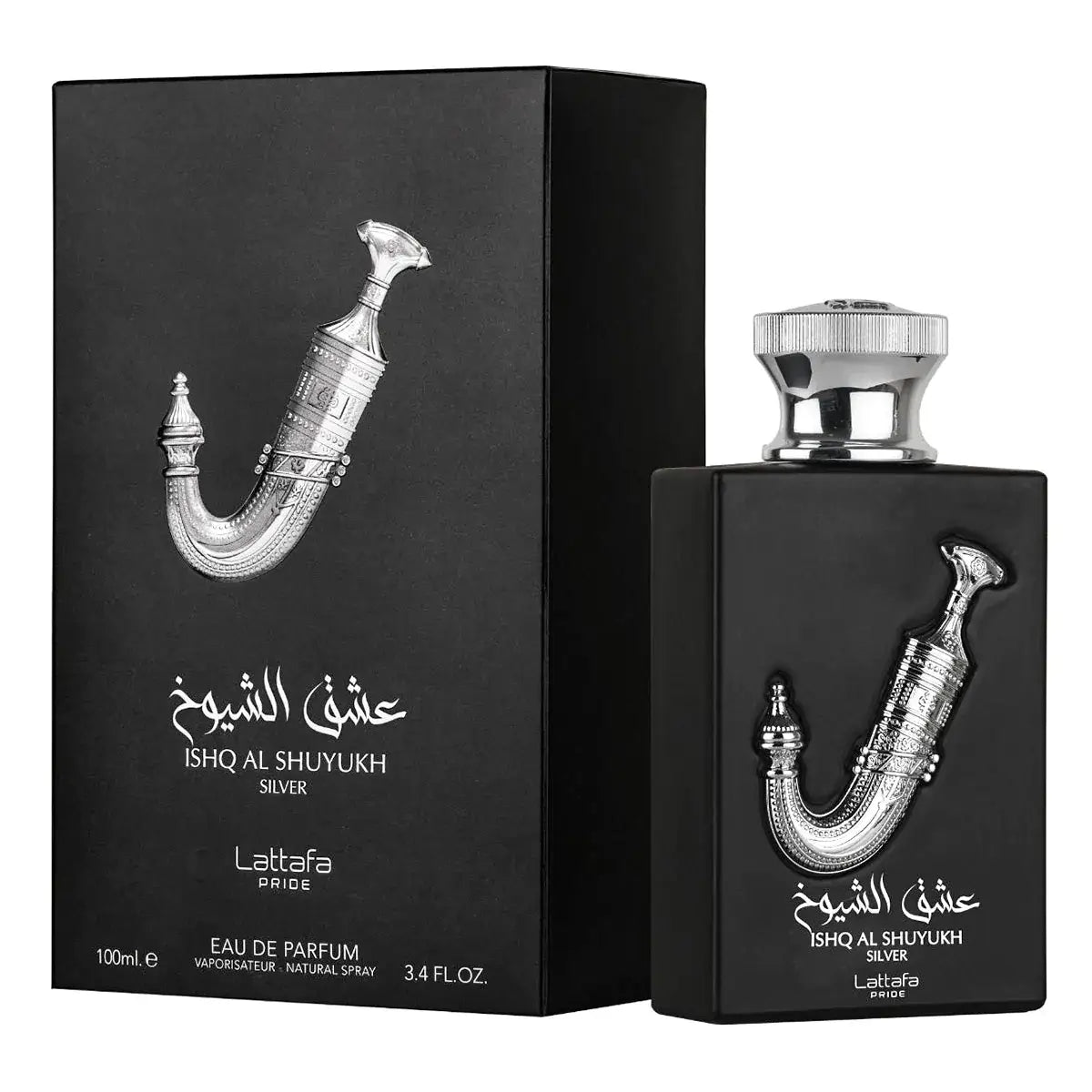 Ishq Al Shuyukh Silver 100ml Eau de Parfum by Lattafa Pride bottle and box