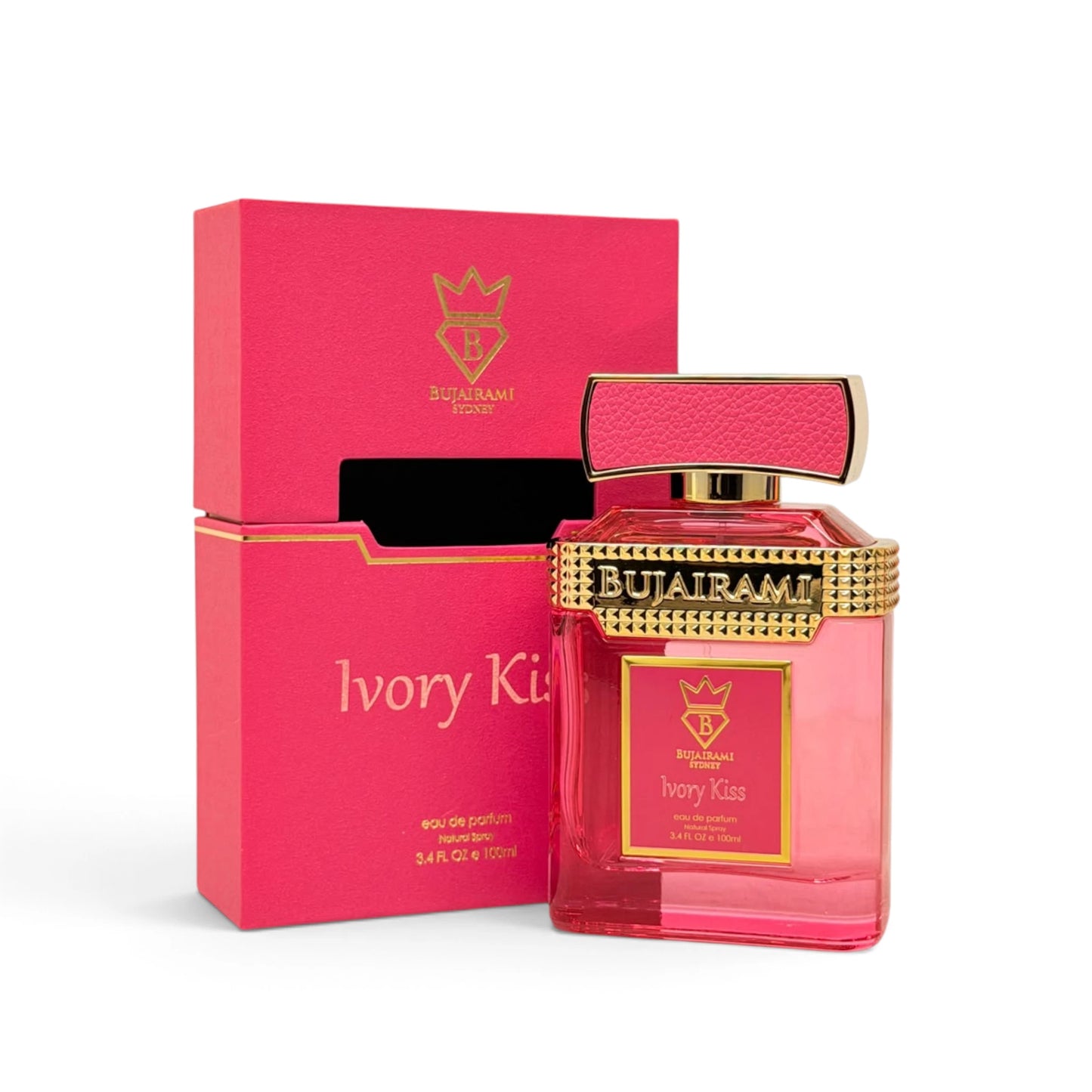 Ivory Kiss 100ml Eau de Parfum by Bujairami angled bottle and box view