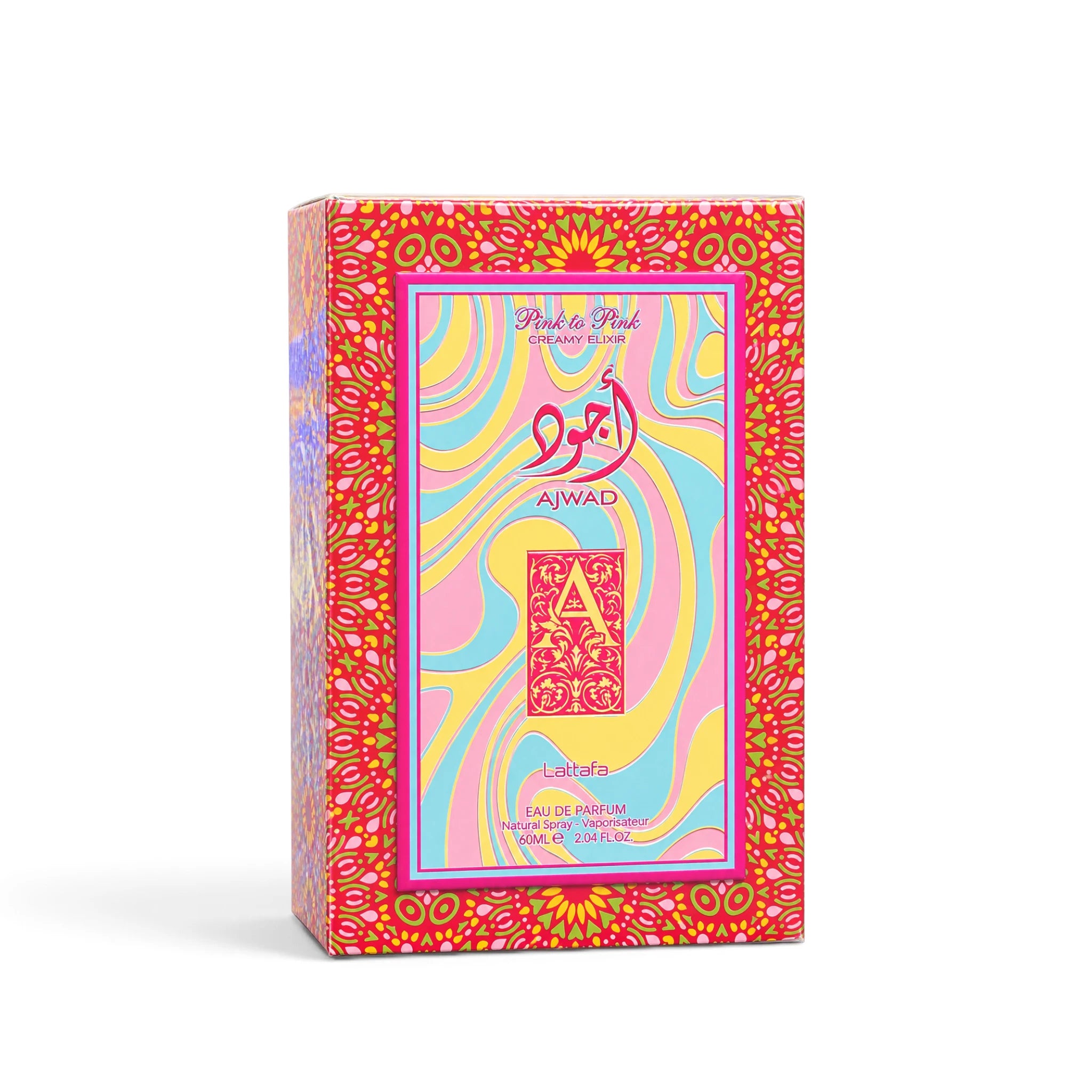 Lattafa Ajwad Pink to Pink Creamy Elixir luxury fragrance packaging