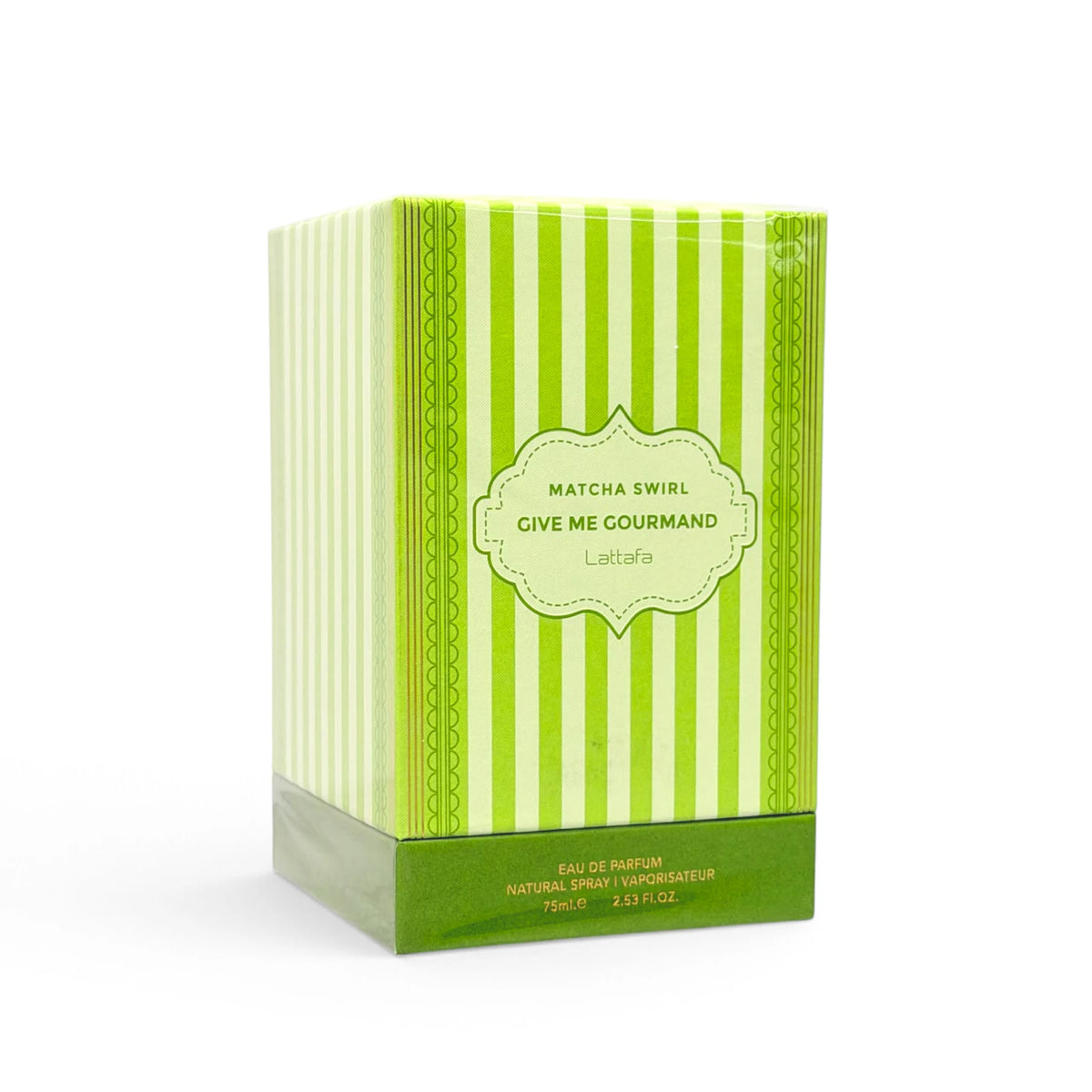 Close-up of Lattafa Matcha Swirl Eau de Parfum packaging
