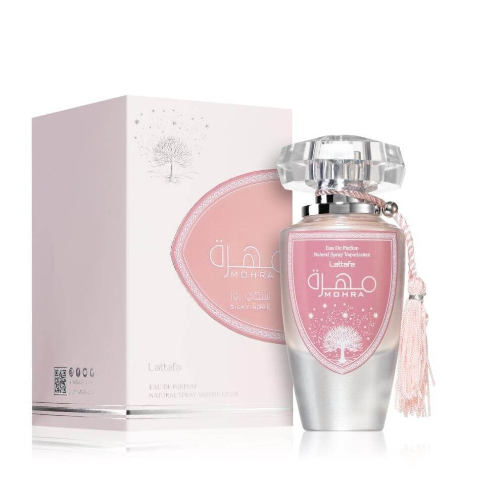 Mohra Silky Rose 100ml Eau de Parfum by Lattafa bottle and box
