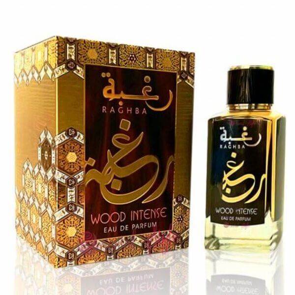 Raghba Wood Intense 100ml Eau de Parfum by Lattafa bottle and box