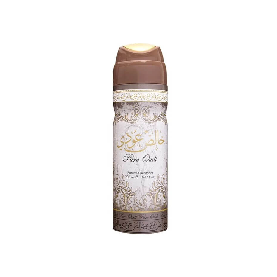 Pure Oudi (Khalis Oudi) Perfumed 200ml Body Spray by Lattafa body spray can and packaging