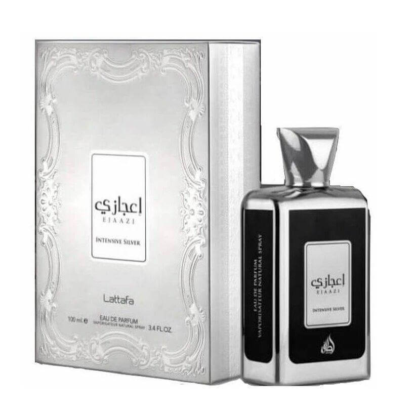Ejaazi Intense Silver 100ml Eau de Parfum by Lattafa bottle and box