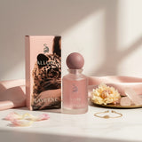 Laverne Allure 100ml Eau de Parfum for women, a fruity floral gourmand fragrance in a pink frosted bottle with a leopard print box.