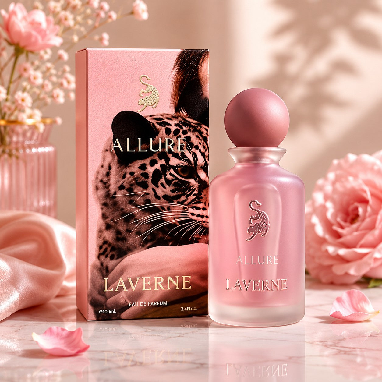 Laverne Allure 100ml Eau de Parfum for women, a fruity floral gourmand fragrance with a pink bottle and leopard print box.