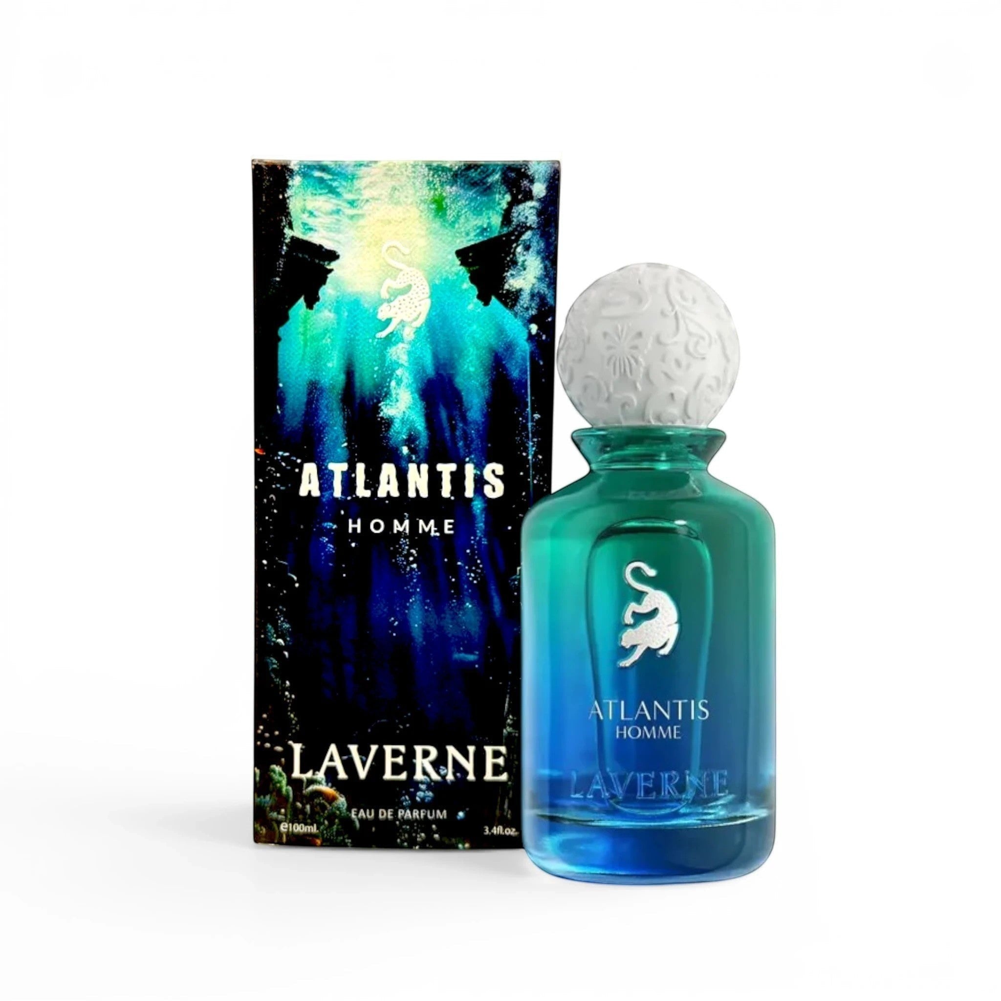 Laverne Atlantis Homme Eau de Parfum for men, a sweet amber gourmand fragrance in a gradient blue-green glass bottle with a decorative white cap.