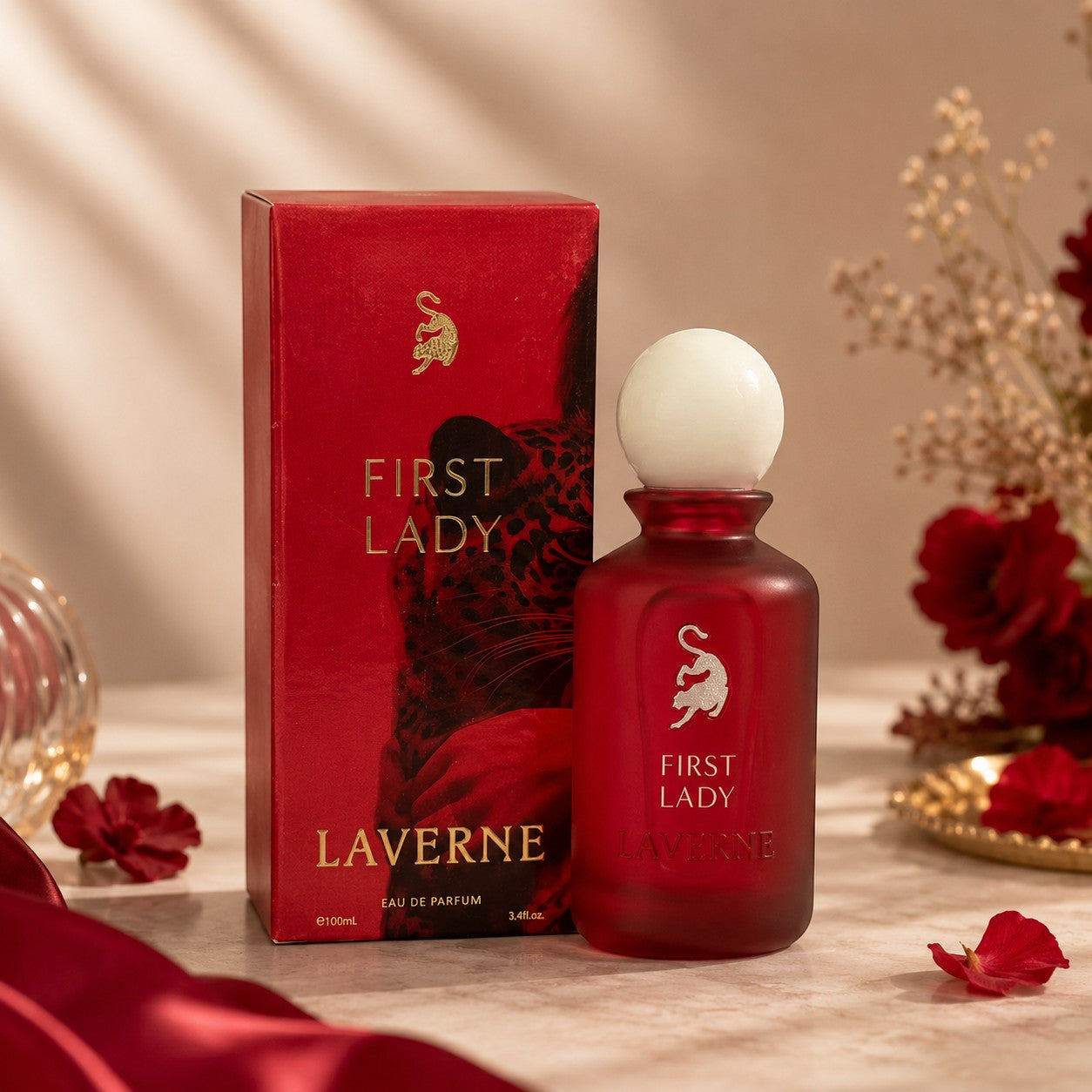 Laverne First Lady 100ml Eau de Parfum for women, a fresh fruity floral fragrance in a red bottle with a white cap.