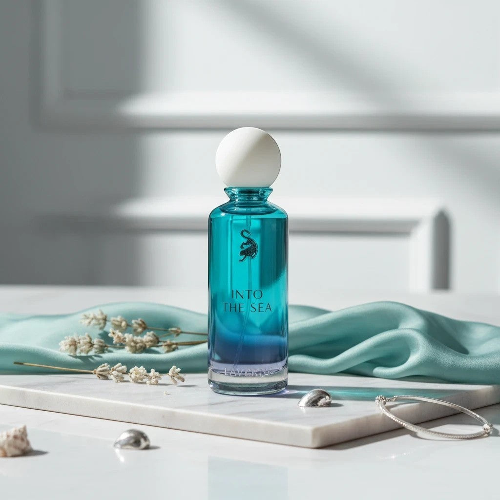 Laverne Into The Sea 200ml Eau de Parfum for men, fresh woody aromatic citrus fragrance in a gradient blue bottle.