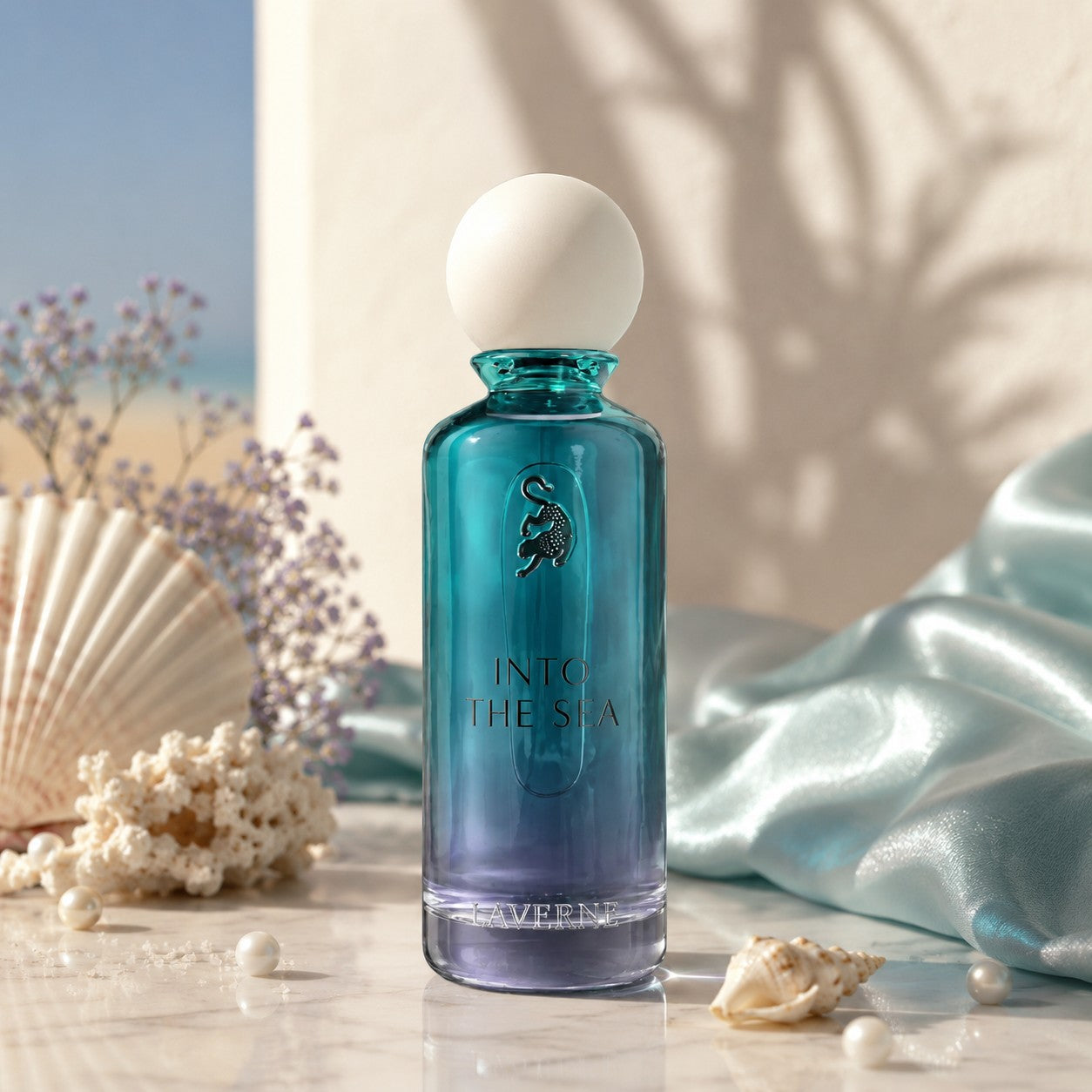 Laverne Into The Sea 200ml Eau de Parfum for men, fresh woody aromatic fragrance in a gradient blue-purple glass bottle with a white cap.