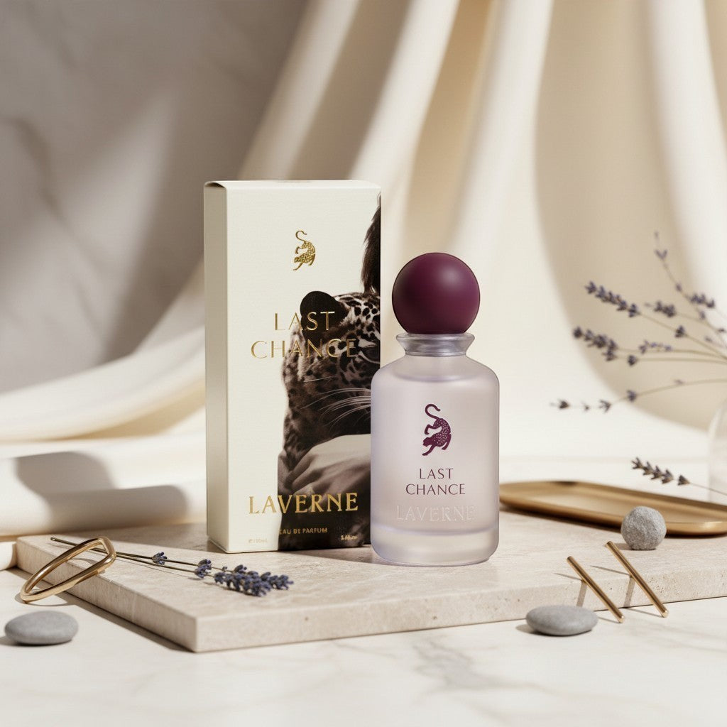 Laverne Last Chance Eau de Parfum bottle with plum cap and leopard print box. Fresh woody aromatic scent.