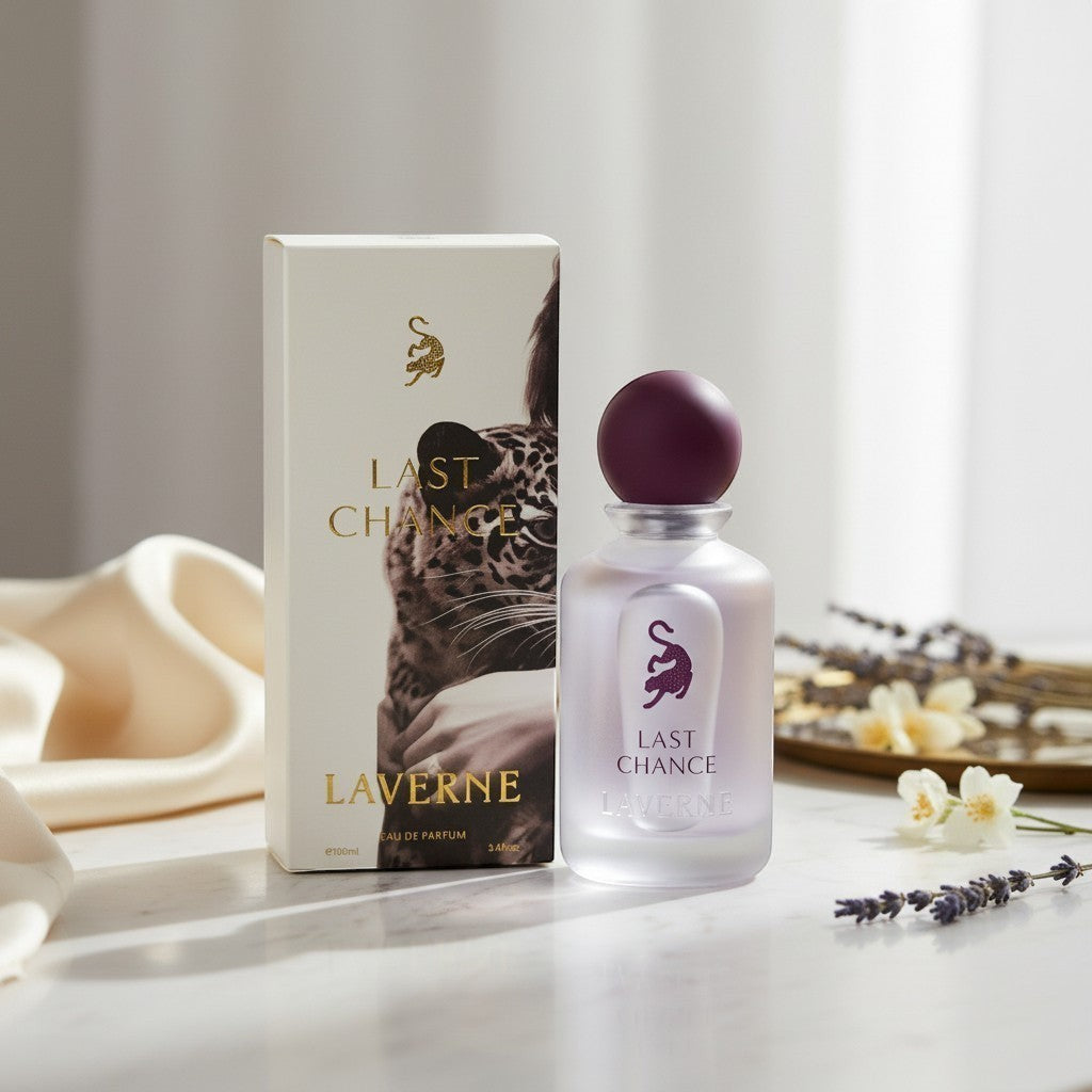 Laverne Last Chance Eau de Parfum bottle and box with a leopard design. Fresh woody aromatic scent.