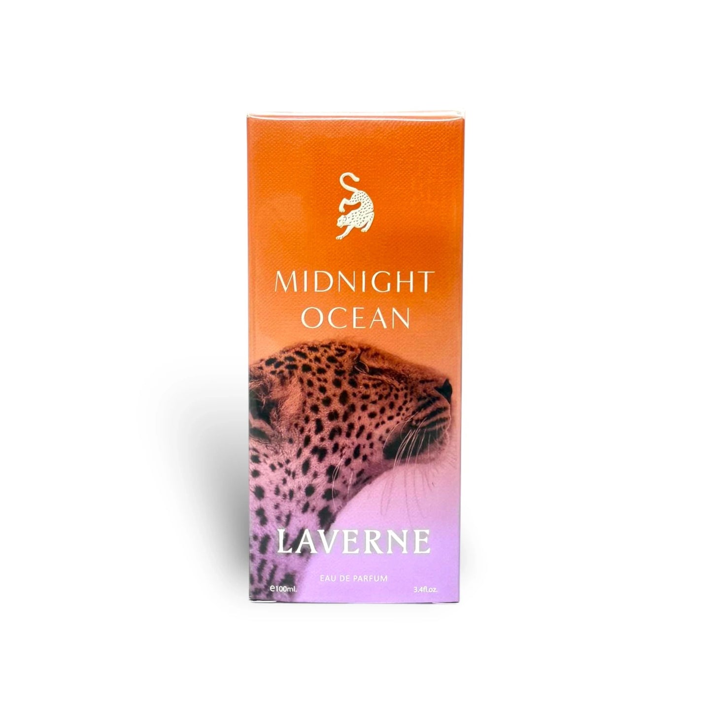 Laverne Midnight Ocean 100ml Eau de Parfum for men, featuring a leopard graphic and gradient orange to purple background.